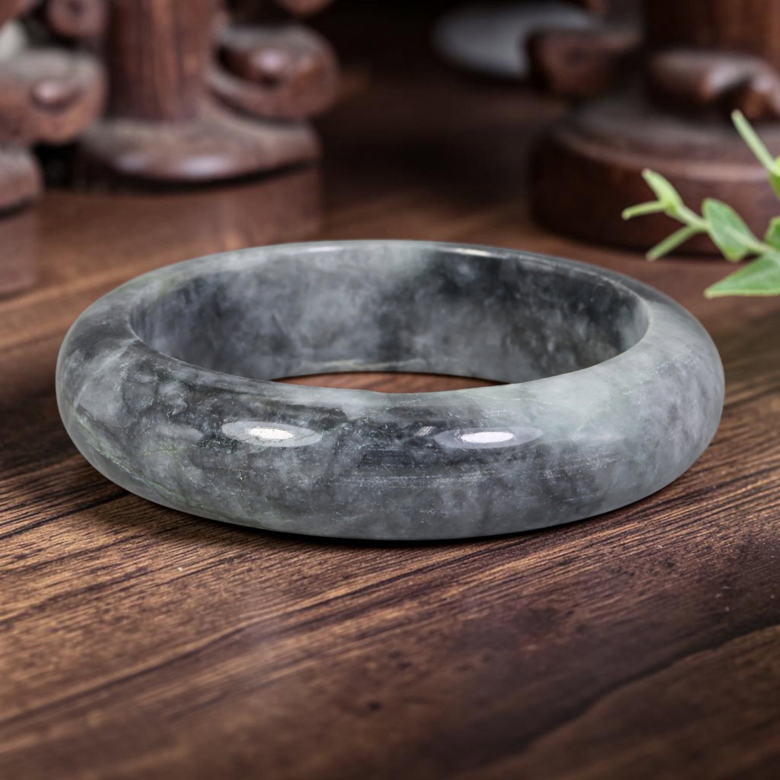 Natural Burmese Type A Dark Ink Gray Wuji Jadeite Jade Bangle, 86FD: Crafted from natural untreated Burmese Type A jadeite jade, this petite wide bangle features rich layered dark smoky black-gray ink cloud mottling that blankets the stone for a moody Wuji ink-wash Mos