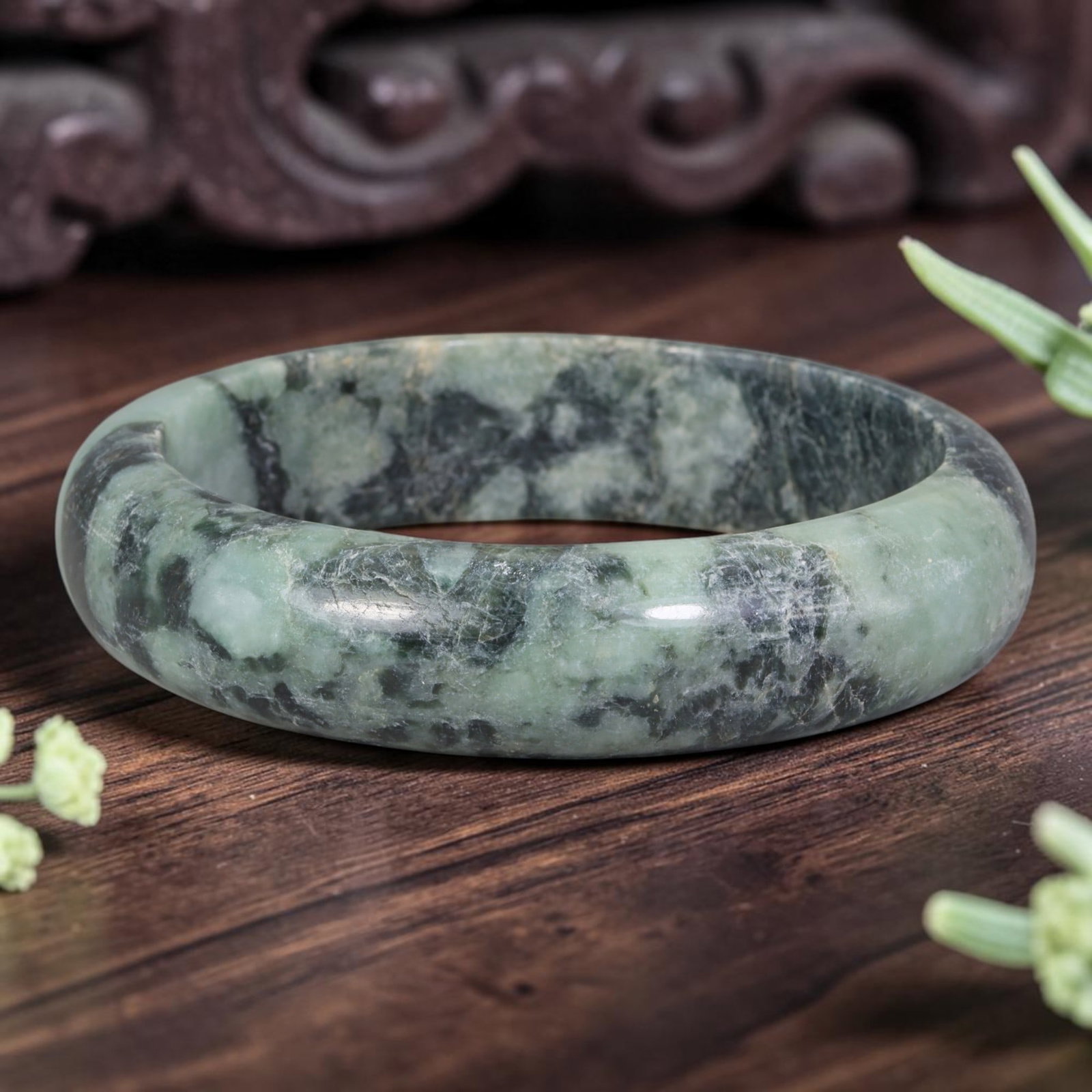 Natural Burmese Type A Deep Forest Dark Mottled Green Jadeite Jade Bangle, 91FD: Crafted from natural untreated Burmese Type A jadeite jade, this wide band bangle features rich dark forest green mottled ink cloud inclusions scattered across a muted sage green base, forming a strik