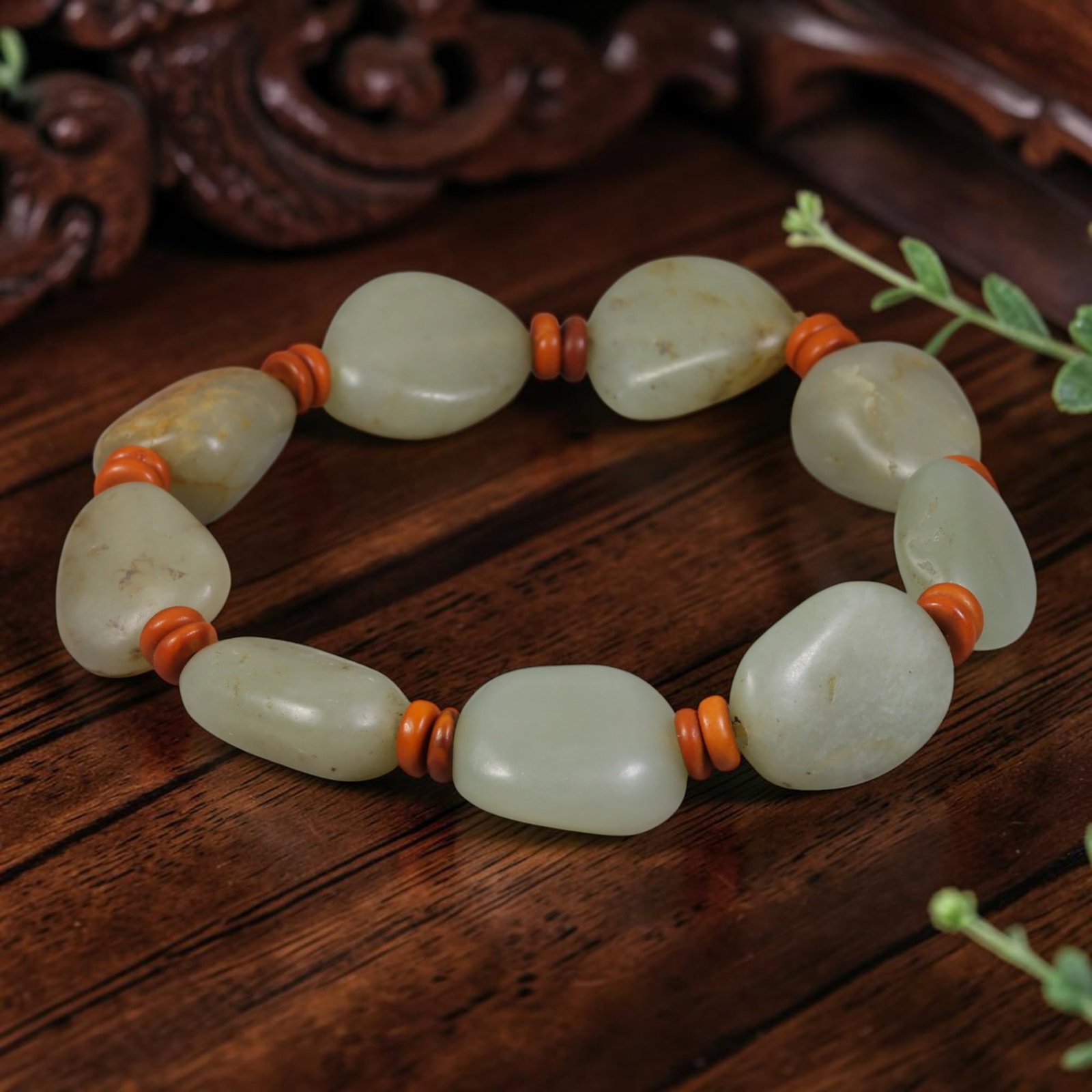 Natural Chinese Nephrite Jade Beaded Bracelet - Freeform Pebble Jade Strand, 13AP: Hand-strung bracelet composed of polished freeform natural Chinese nephrite pebble beads averaging 17mm in dimension, each retaining organic irregular river-worn shaping characteristic of raw nephrite