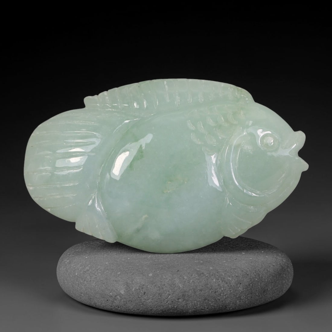 Natural Vintage Burmese Type A Jadeite Jade Solid Carved Goldfish Pendant, 40AA: Hand-carved vintage auspicious pendant crafted from untreated natural Burmese Type A jadeite jade, measuring 4cm x 2.4cm. Fully sculpted in three-dimensional solid form as a plump goldfish, featuring 