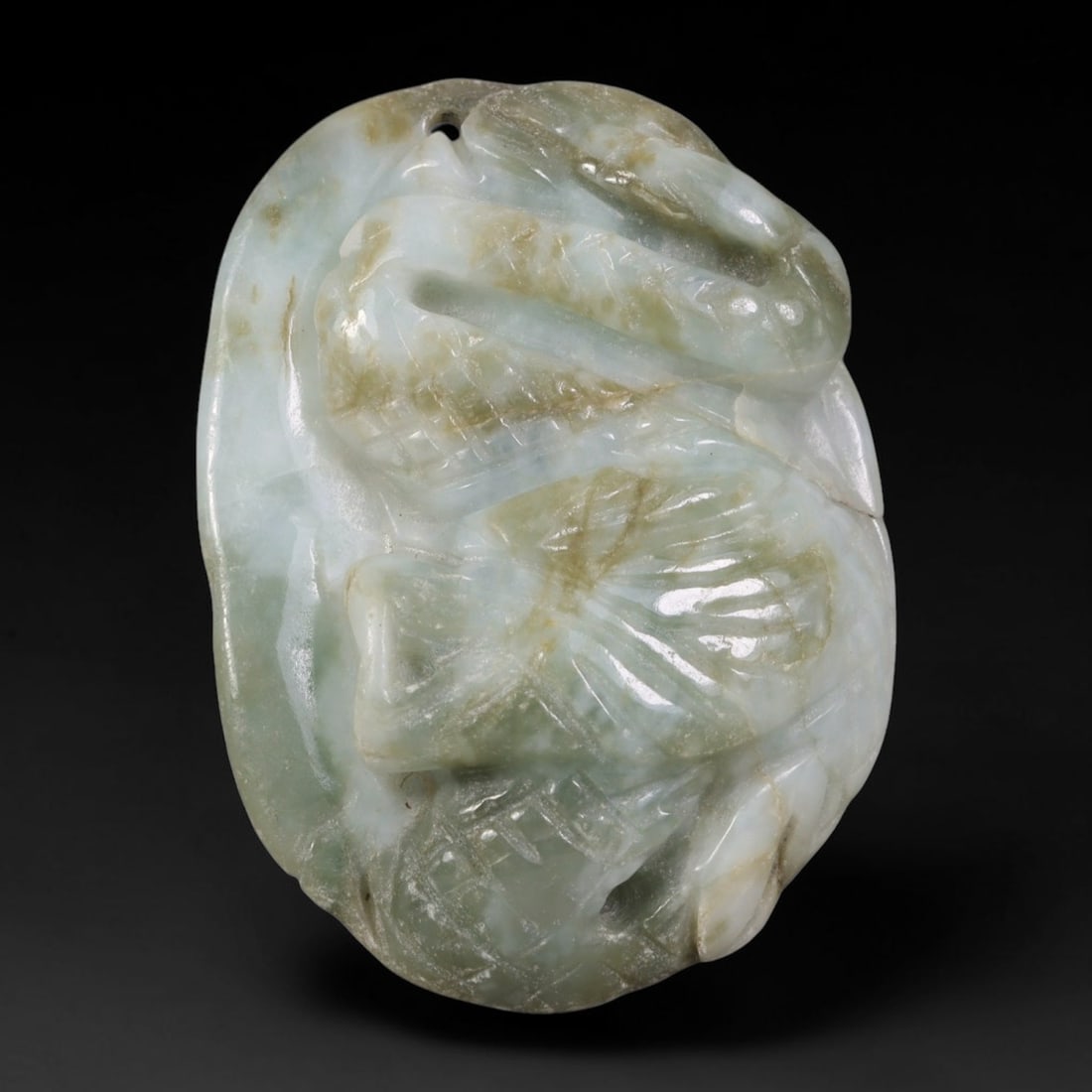 Natural Vintage Burmese Type A Jadeite Jade Coiled Dragon Freeform Relief Pendant, 43AA: Hand-carved vintage auspicious pendant crafted from untreated natural Burmese Type A jadeite jade, measuring 4cm x 3cm. This organic oval freeform jade plaque features thick relief carving of a windin