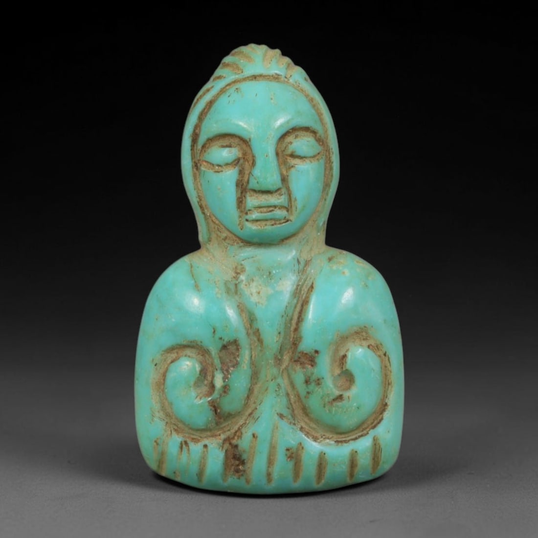 Antique Coptic Egyptian Style Turquoise Stone Human Figure Zoomorphic Amulet, 75AA: Hand-carved spiritual talisman from natural turquoise stone in antique Coptic Egyptian human bust design, measuring 2.6cm x 1.5cm. This miniature carving features closed serene eyes, defined facial in