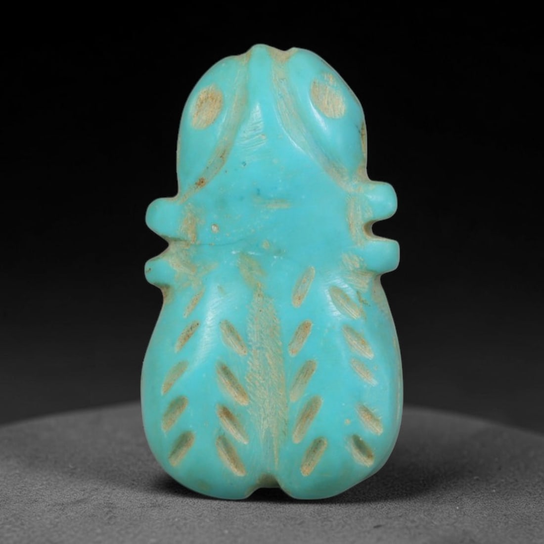 Antique Coptic Egyptian Style Turquoise Stone Fly Zoomorphic Amulet, 79AA: Hand-carved zoomorphic talisman crafted from natural turquoise stone in antique Coptic Egyptian fly motif, measuring 17x8mm. The miniature fly figurine features prominent circular eye indentations, sm
