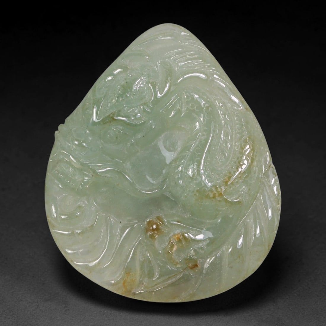 Natural Vintage Burmese Type A Jadeite Jade Teardrop Relief Dragon Pendant, 48AA: Hand-carved vintage auspicious pendant crafted from fully untreated natural Burmese Type A jadeite jade, measuring 3.5cm x 3cm. The organic teardrop shaped jade plaque features intricate deep relief c