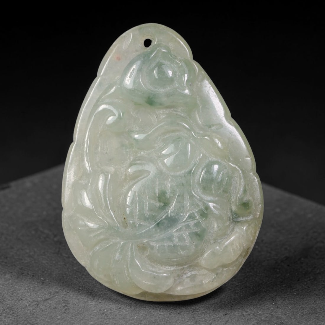 Natural Vintage Burmese Type A Jadeite Jade Koi Fish & Lotus Relief Pendant, 42AA: Hand-carved vintage auspicious pendant crafted from untreated natural Burmese Type A jadeite jade, measuring 3.5cm x 2.5cm. This teardrop-shaped jade plaque features elegant relief carving of a scaled