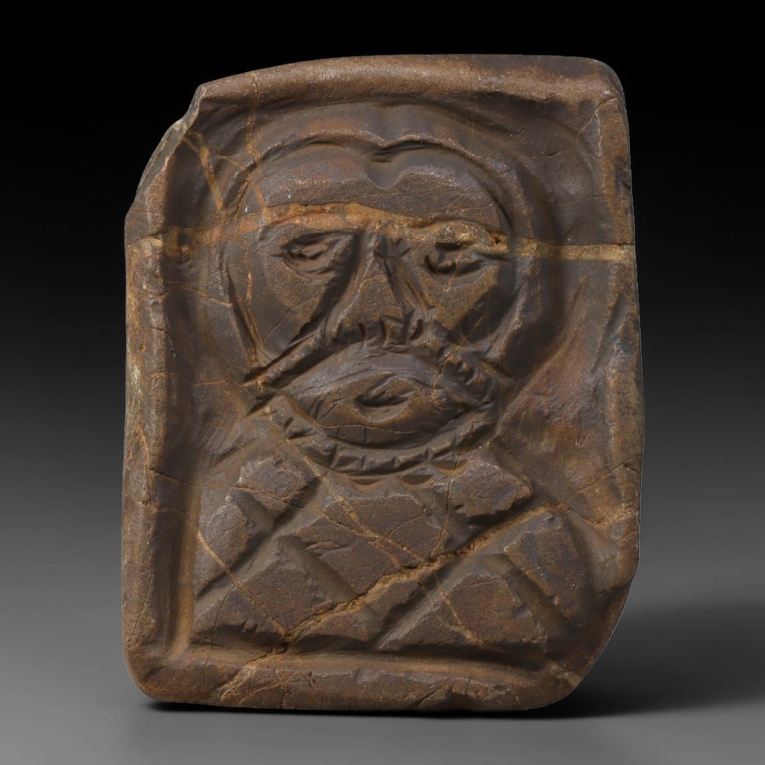 Ancient Medieval Christian Hand Carved Stone Devotional Plaque, 23AC: Compact antique sacred tablet hand-hewn from natural sedimentary stone, originating from Medieval Christian devotional craft traditions across the broader Mediterranean and Near Eastern spheres. Minia