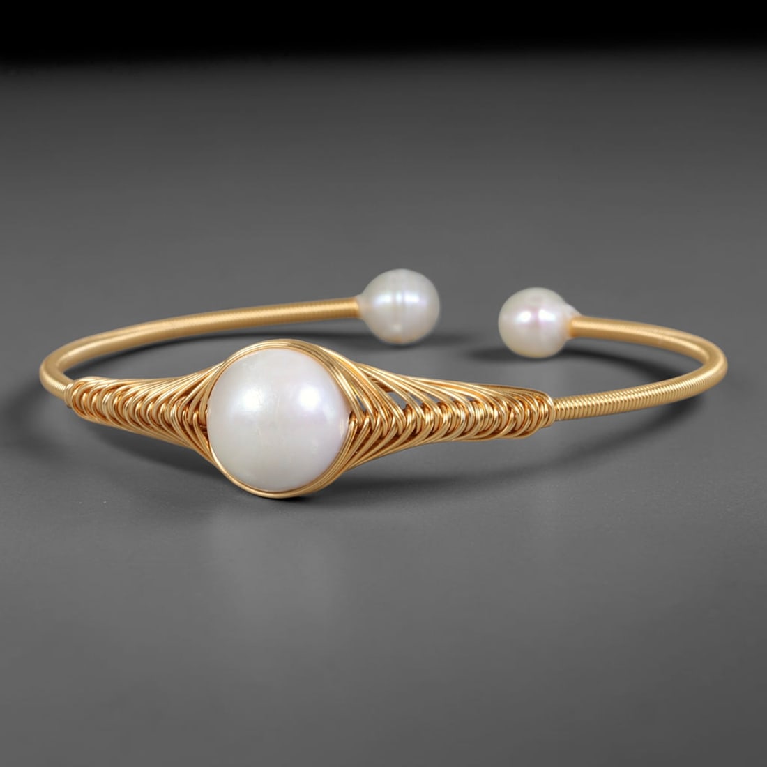 Natural Cultured Freshwater Pearl Gold Plated Wire Wrap Open Cuff Bracelet, 87AC: Handcrafted adjustable open cuff bracelet constructed from polished gold plated metal wire, featuring genuine natural cultured freshwater pearl inlays secured via intricate hand wire-wrapping craft te