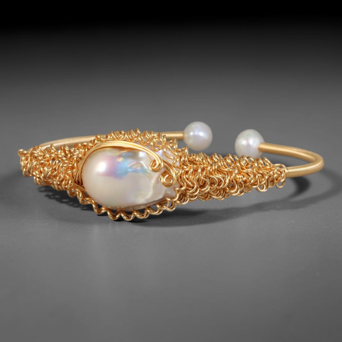 Natural Cultured Freshwater Pearl Gold Plated Wire Wrap Open Cuff Bracelet, 81AC: Handcrafted adjustable open cuff bracelet constructed from polished gold plated metal wire, featuring genuine natural cultured freshwater pearl inlays secured via intricate hand wire-wrapping craft te