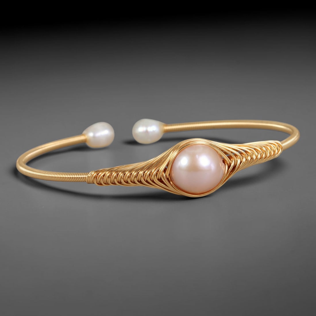 Natural Cultured Freshwater Pearl Gold Plated Wire Wrap Open Cuff Bracelet, 80AC: Handcrafted adjustable open cuff bracelet constructed from polished gold plated metal wire, featuring genuine natural cultured freshwater pearl inlays secured via intricate hand wire-wrapping craft te