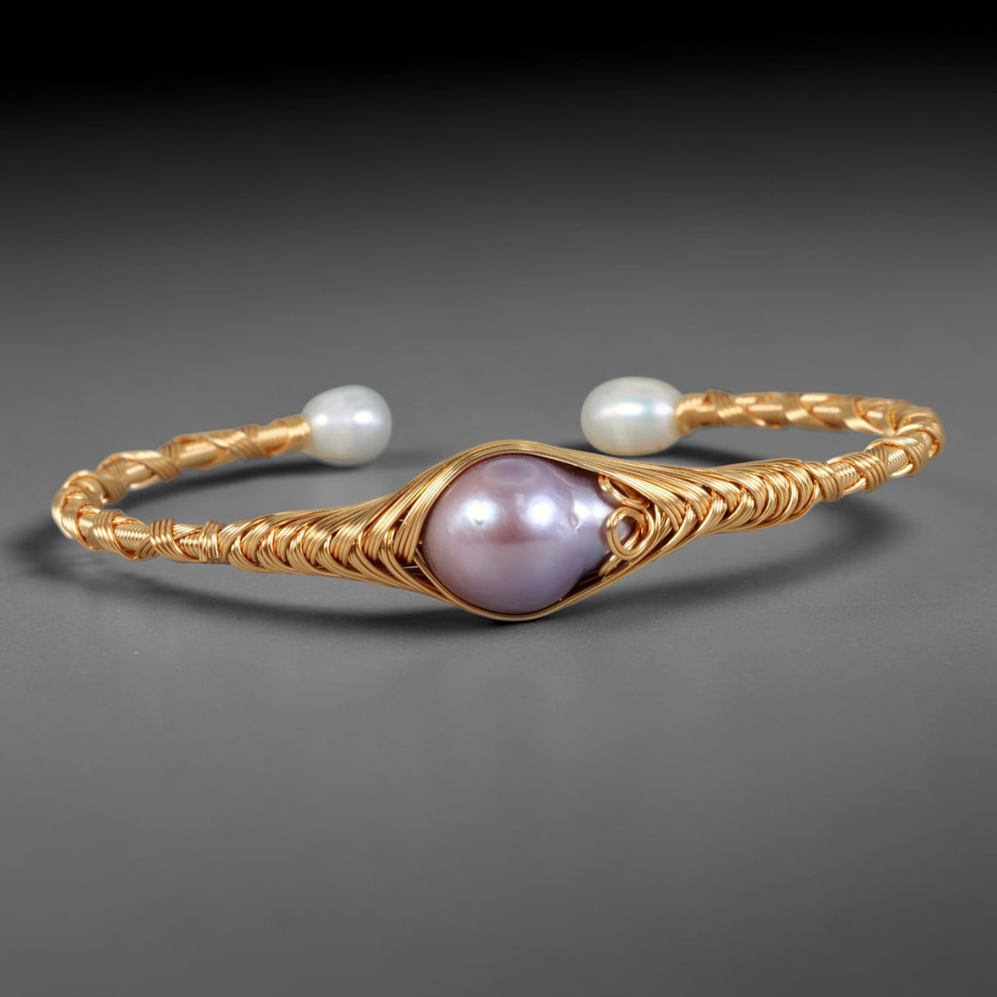 Natural Cultured Freshwater Pearl Gold Plated Wire Wrap Open Cuff Bracelet, 89AC: Handcrafted adjustable open cuff bracelet constructed from polished gold plated metal wire, featuring genuine natural cultured freshwater pearl inlays secured via intricate hand wire-wrapping craft te