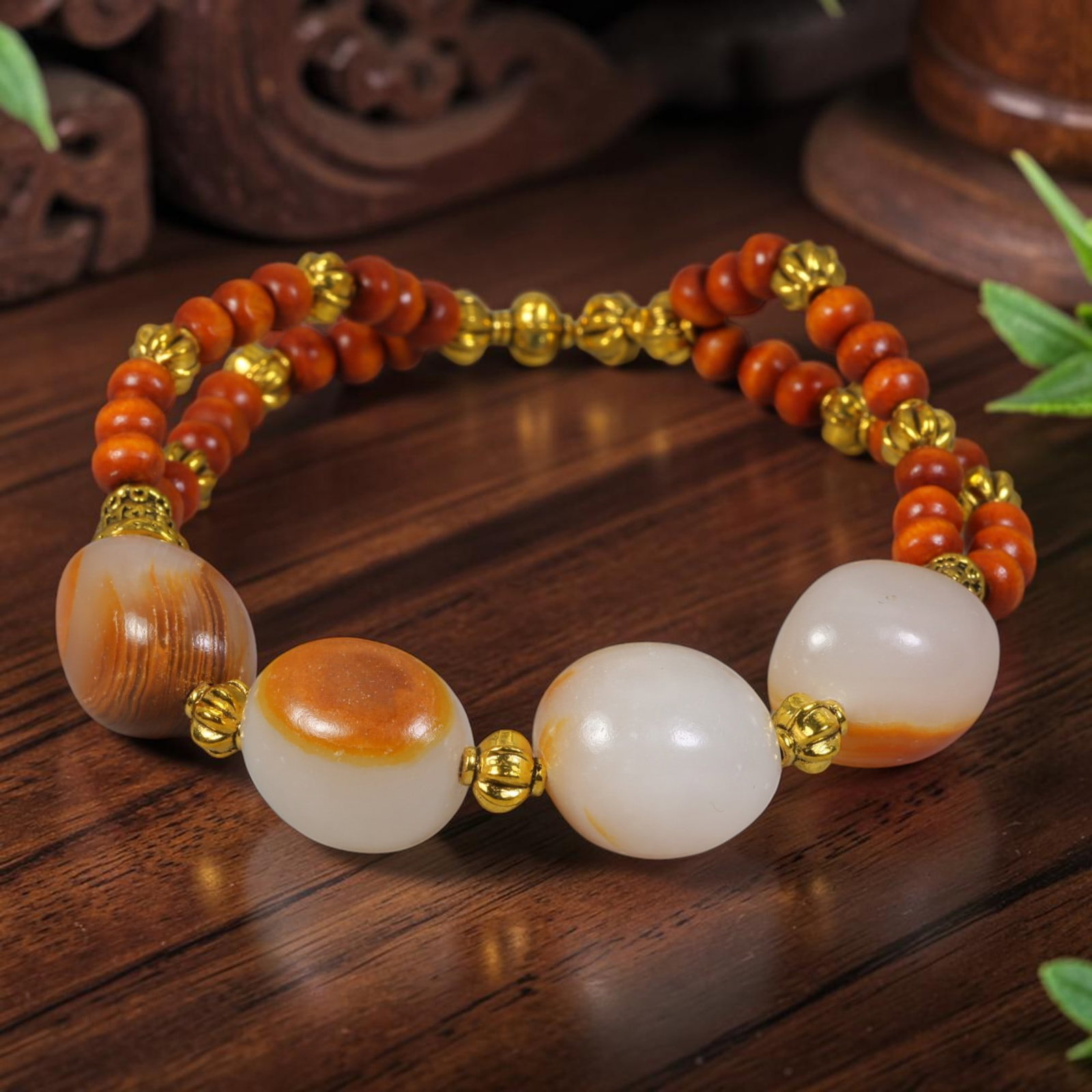 Natural Chinese White Jade Beaded Bracelet - Russet Jade Wood Gilded Accent Strand, 7AP: Hand-strung bracelet featuring four polished freeform natural Chinese white jade beads at 14mm, each bearing unique natural amber russet skin banding as inherent mineral patterning. Decorative carved 