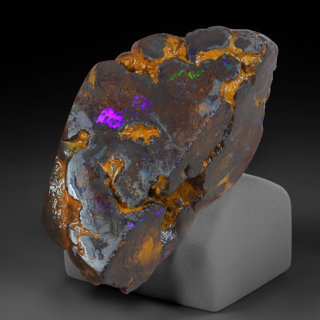 65.20ct Natural Australian Queensland Boulder Opal Sliced Slab Cutting Rough, 63AX: Natural sliced slab rough of Queensland boulder opal cutting grade, featuring rich color ironstone matrix with patterns. The face clearly reveals extensive opal veining and pocket formations running t