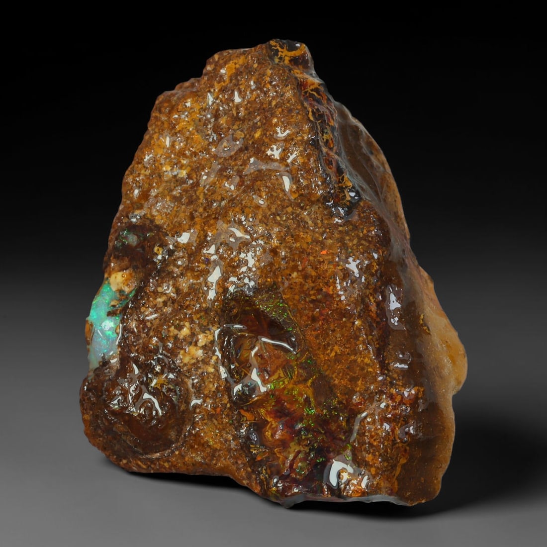 39.24ct Natural Australian Queensland Boulder Opal Sliced Slab Cutting Rough, 65AY: Natural sliced slab rough of Queensland boulder opal cutting grade, featuring rich color ironstone matrix with patterns. The face clearly reveals extensive opal veining and pocket formations running t