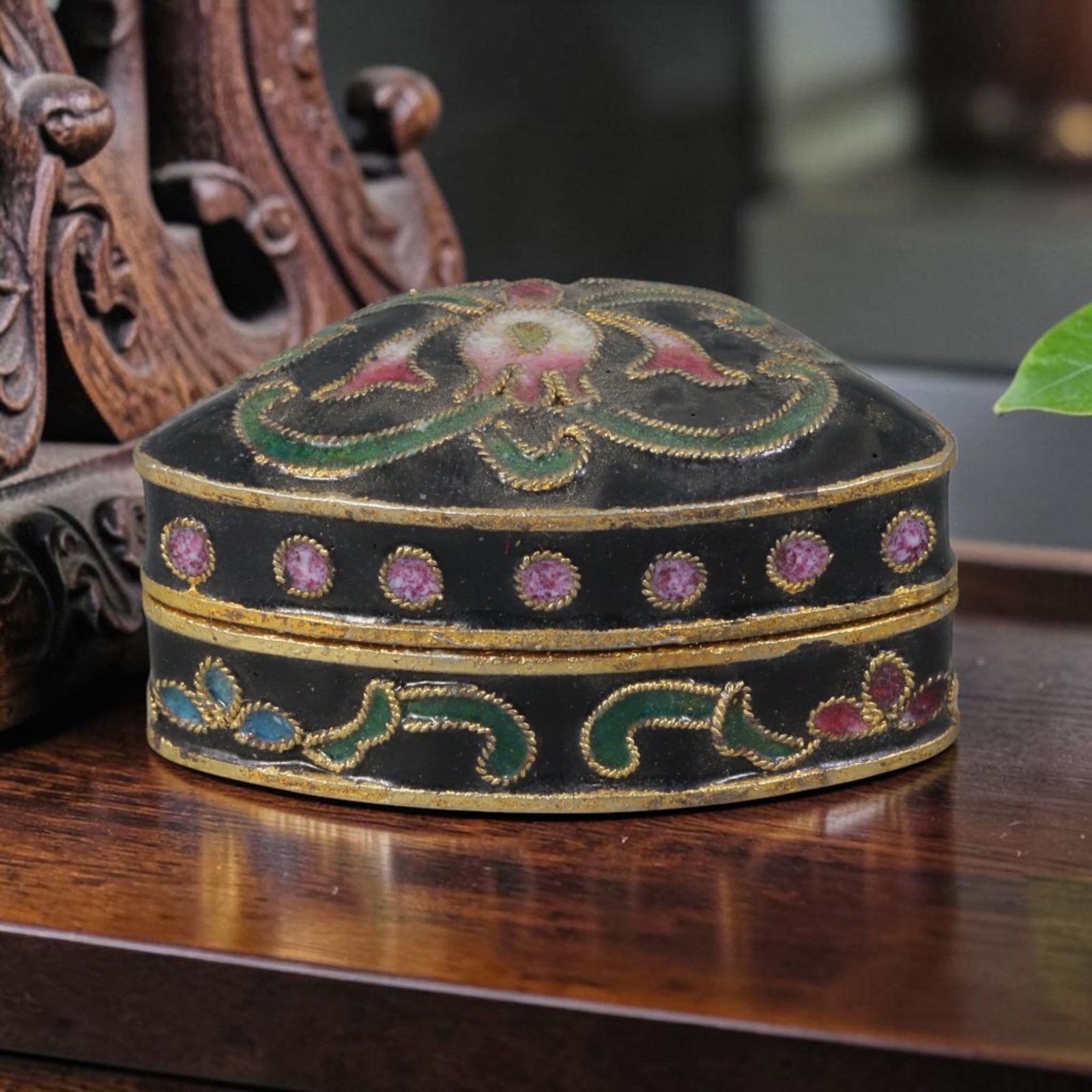 Vintage Chinese Copper Cloisonne Trinket Box - Floral Enamel Casket, 22AR (1 of 2)