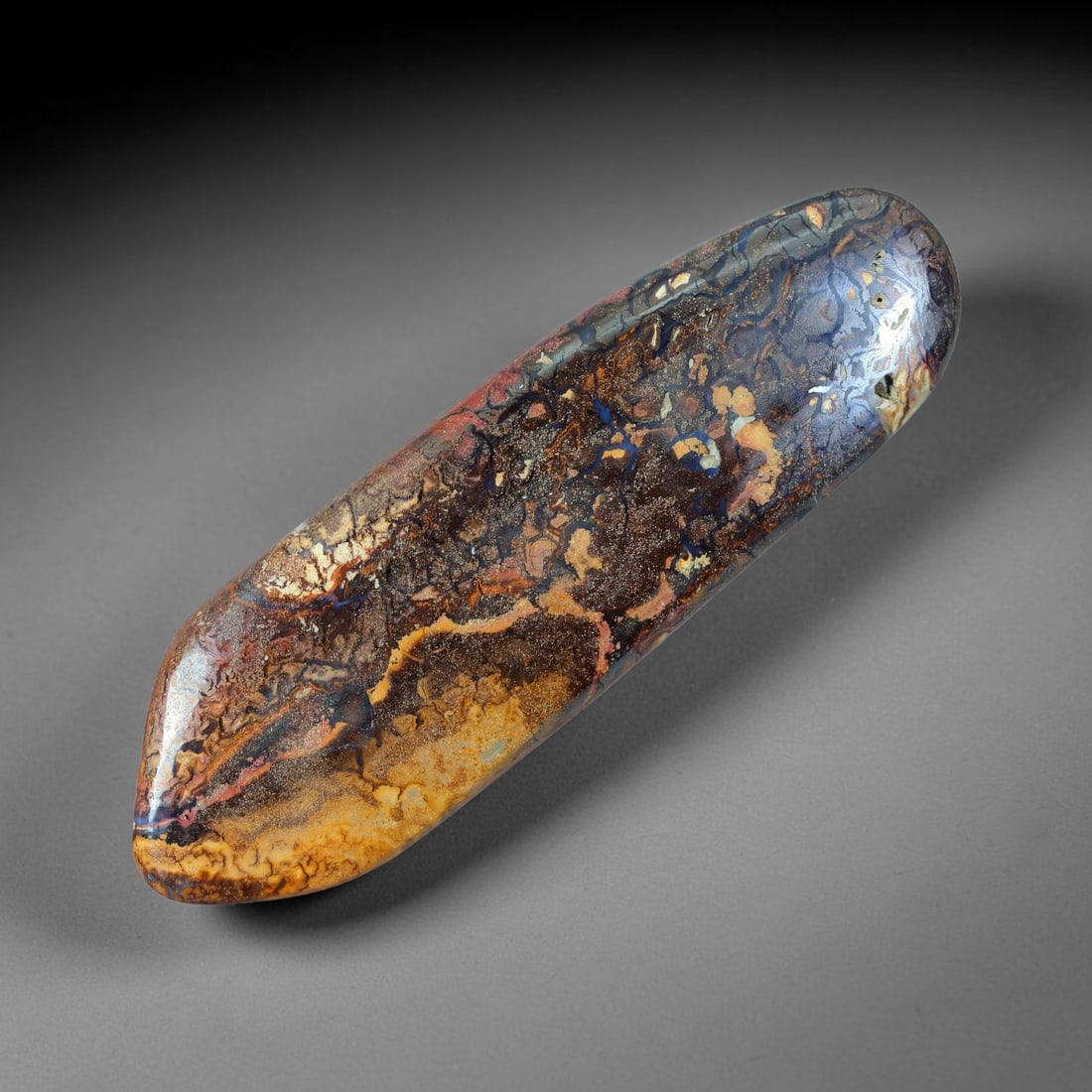 40.90ct Natural Australian Queensland Matrix Boulder Opal Long Freeform Elongated Cabochon, 49FB: Hand polished extra-long tapered freeform elongated cabochon of natural Queensland matrix boulder opal, featuring gradient warm tan, caramel and deep chocolate ironstone matrix layered with swirling o