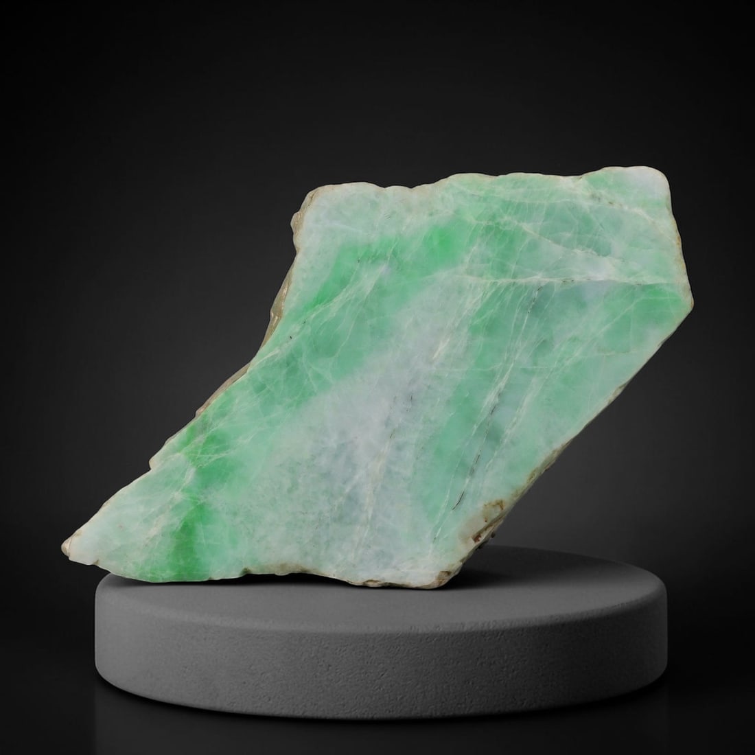 405ct Natural Type A Burmese Jadeite Jade Sliced Rough, 7AZ: This specimen is a sliced rough block of natural Type A Burmese jadeite jade. The interior displays natural colour zoning with visible mineral veining and crystalline patterns typical of unprocessed j