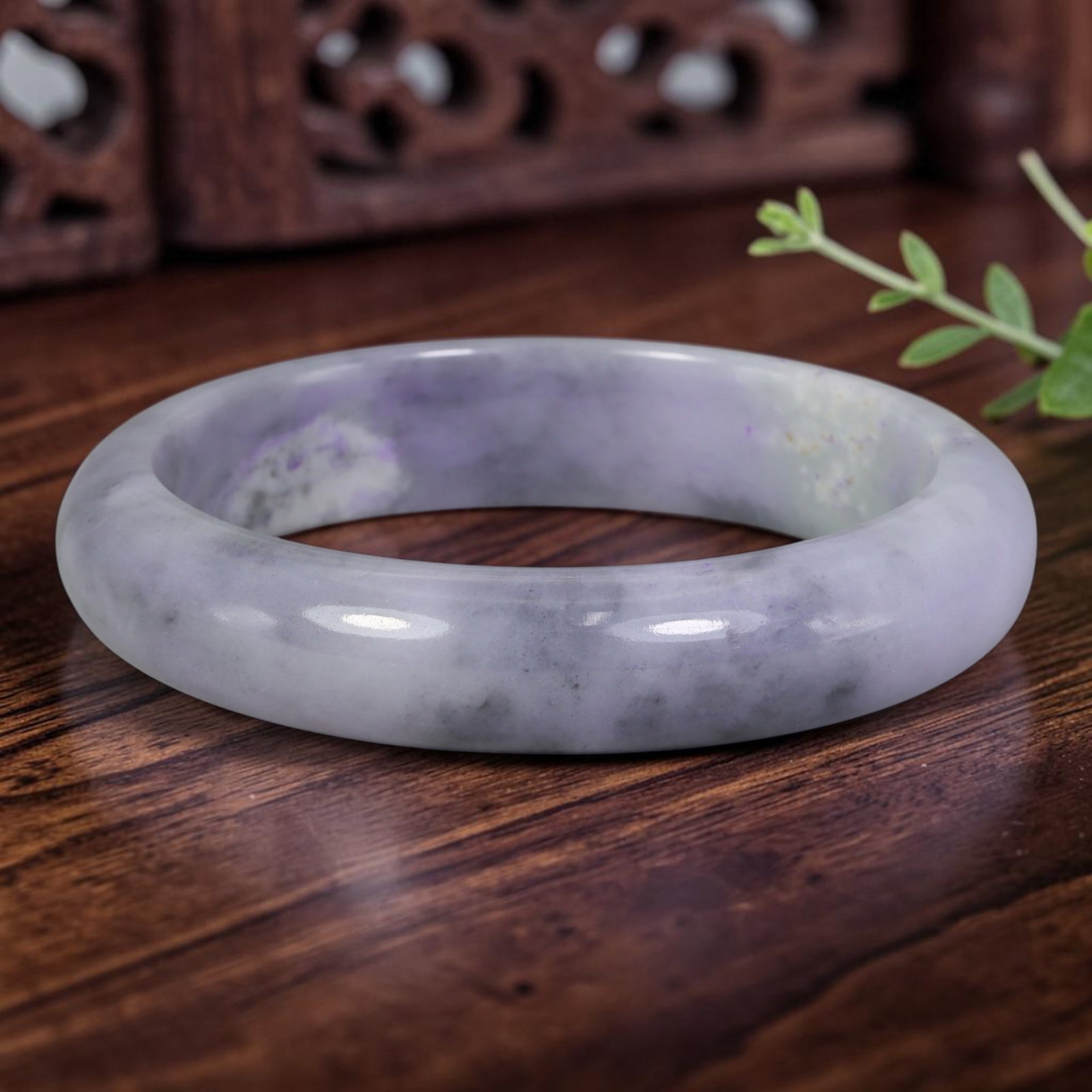 Natural Burmese Type A Lavender Gray Ink Jadeite Jade Bangle, 3AP: Crafted from natural untreated Burmese Type A jadeite jade, this wide band bangle features soft pale lavender base blended with diffused smoky gray ink cloud mottling, creating an ethereal misty Moss 