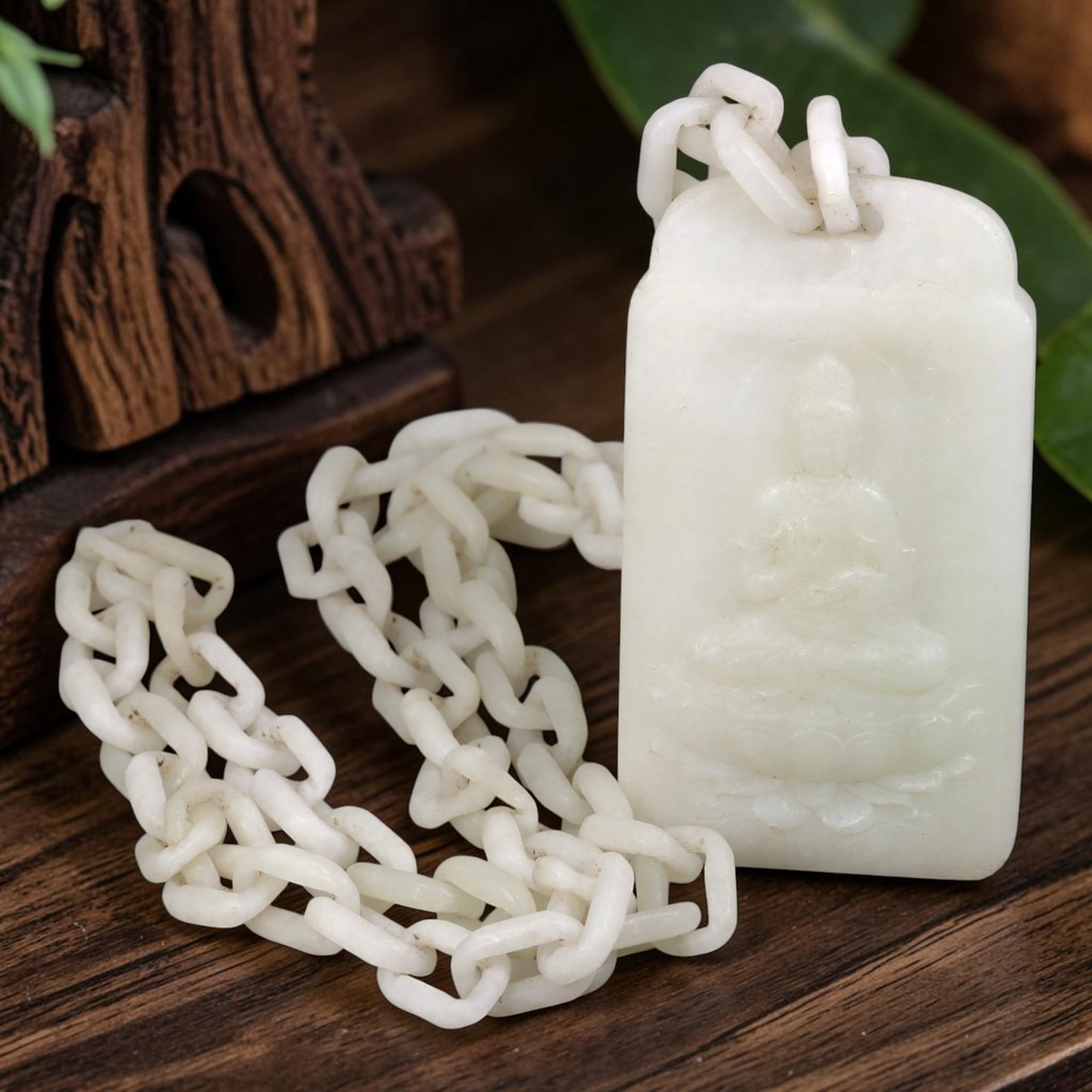 Natural Xinjiang Hetian Mutton Fat White Jade Plaque Pendant With Integrated Hand Carved Chain, 7AT: Meticulously hand-carved from a single piece of natural Xinjiang Hetian mutton fat white nephrite rough stone, this rare set features an unbroken seamlessly connected chain and seated Buddha pendant p