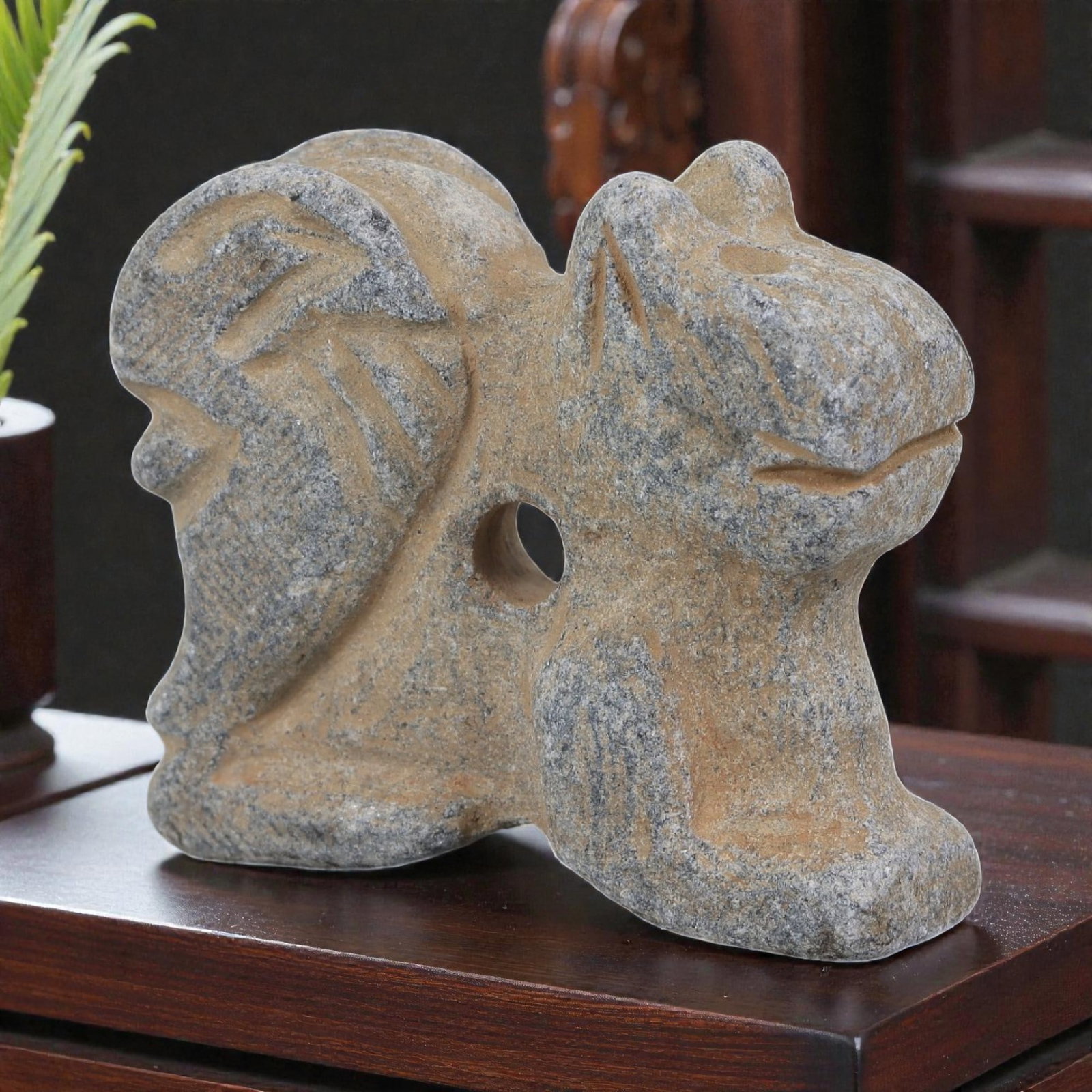 Antique Medieval Silk Road Carved Stone Mythical Beast Effigy Artifact, 87AN: Carved from weathered grey stone with natural patination and earthy surface deposits, this artifact depicts a stylized mythical quadruped figure, characteristic of medieval Silk Road iconography. The 