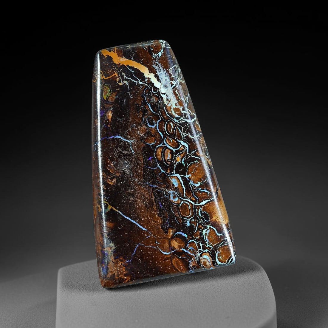 12.8ct Natural Australian Queensland Matrix Boulder Opal Cabochon, 15AV: Hand polished tapered trapezoid bar cabochon crafted from natural Queensland matrix boulder opal, featuring gradient warm brown ironstone host distinguished by rare orbicular circular opal formations 