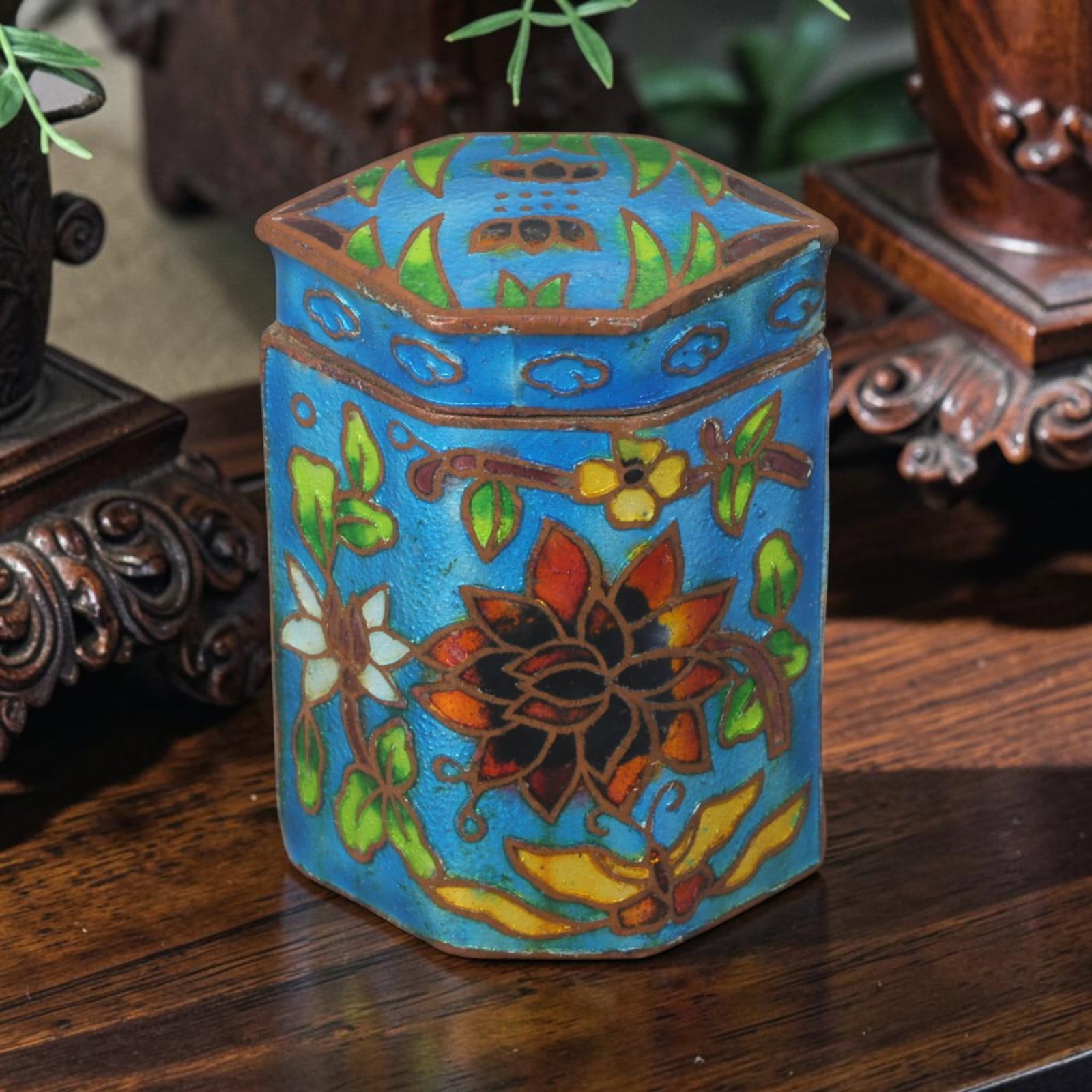 Vintage Chinese Sky Blue Cloisonne Hexagonal Trinket Box - Lotus & Butterfly Enamel Mini Jar, 46AR (1 of 2)