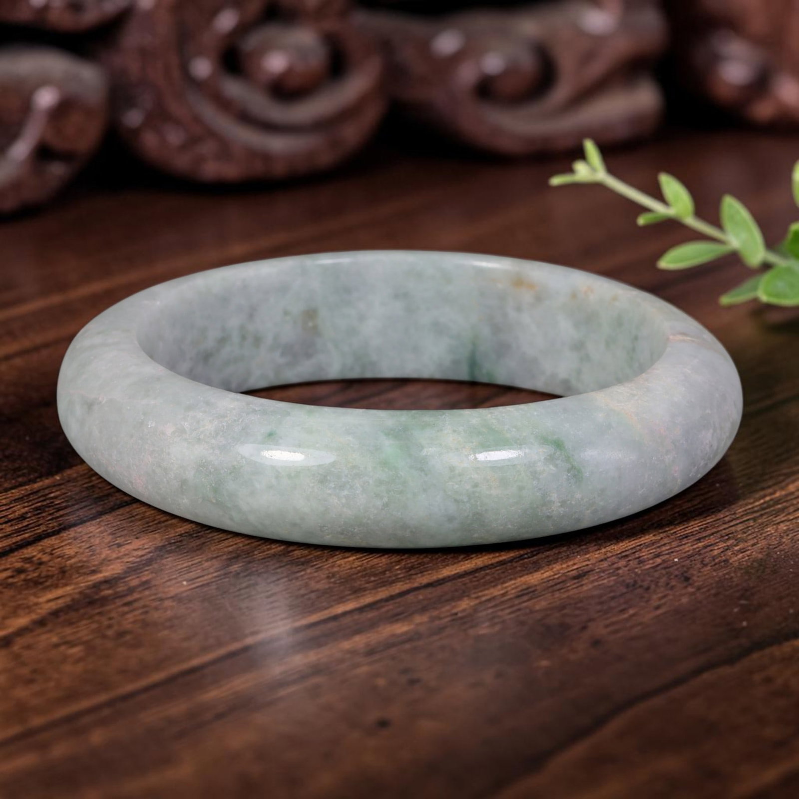 Natural Burmese Type A Soft Pale Floating Sage Green Jadeite Jade Bangle, 87FD: Crafted from natural untreated Burmese Type A jadeite jade, this medium-fit wide band bangle features faint diffused sage green cloud veining spread evenly across a milky pale white translucent base, 