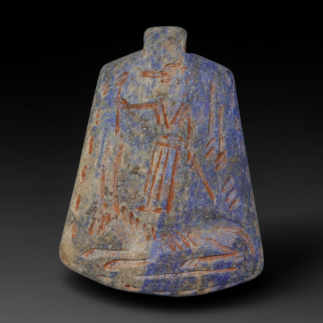 Ancient Sasanian Lapis Lazuli Hand Carved Amulet, 71AP: Antique wearable protective amulet fully carved from solid natural lapis lazuli stone, originating from the historic Sasanian Empire cultural sphere. Lapis lazuli was an immensely valued sacred stone 