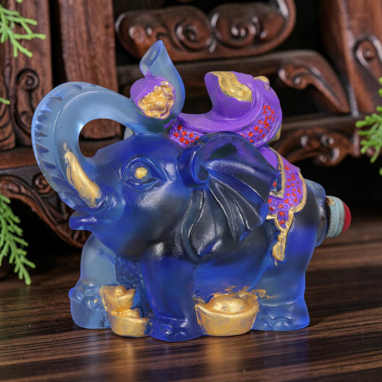Vintage Chinese Liuli Glass Snuff Bottle - Elephant Figurine, 44AS: This snuff bottle is cast from translucent deep blue liuli glass, formed as a seated elephant with gilded tusks and ingots at its feet. The elephant's back supports a hand-painted purple treasure moti