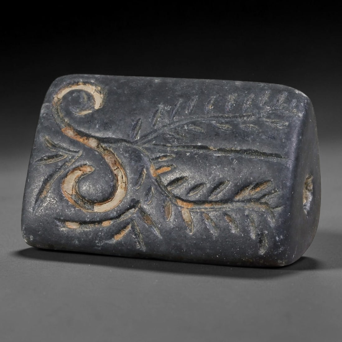 Ancient Western Asiatic Dark Steatite Trapezoidal Cylinder Seal (1500-1000 BCE), 81AB: Trapezoidal dark grey steatite barrel seal with full longitudinal suspension bore at one terminal. One primary face bears deeply incised botanical motifs featuring spiralling vines and feathery frond 