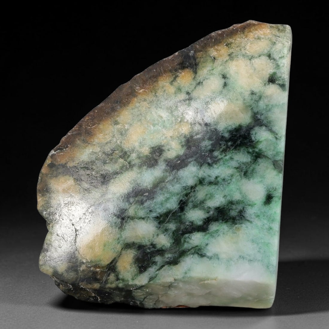 350ct Natural Type A Burmese Jadeite Jade Sliced Rough, 93FA: This specimen is a sliced rough block of natural Type A Burmese jadeite jade. The interior displays natural colour zoning with visible mineral veining and crystalline patterns typical of unprocessed j
