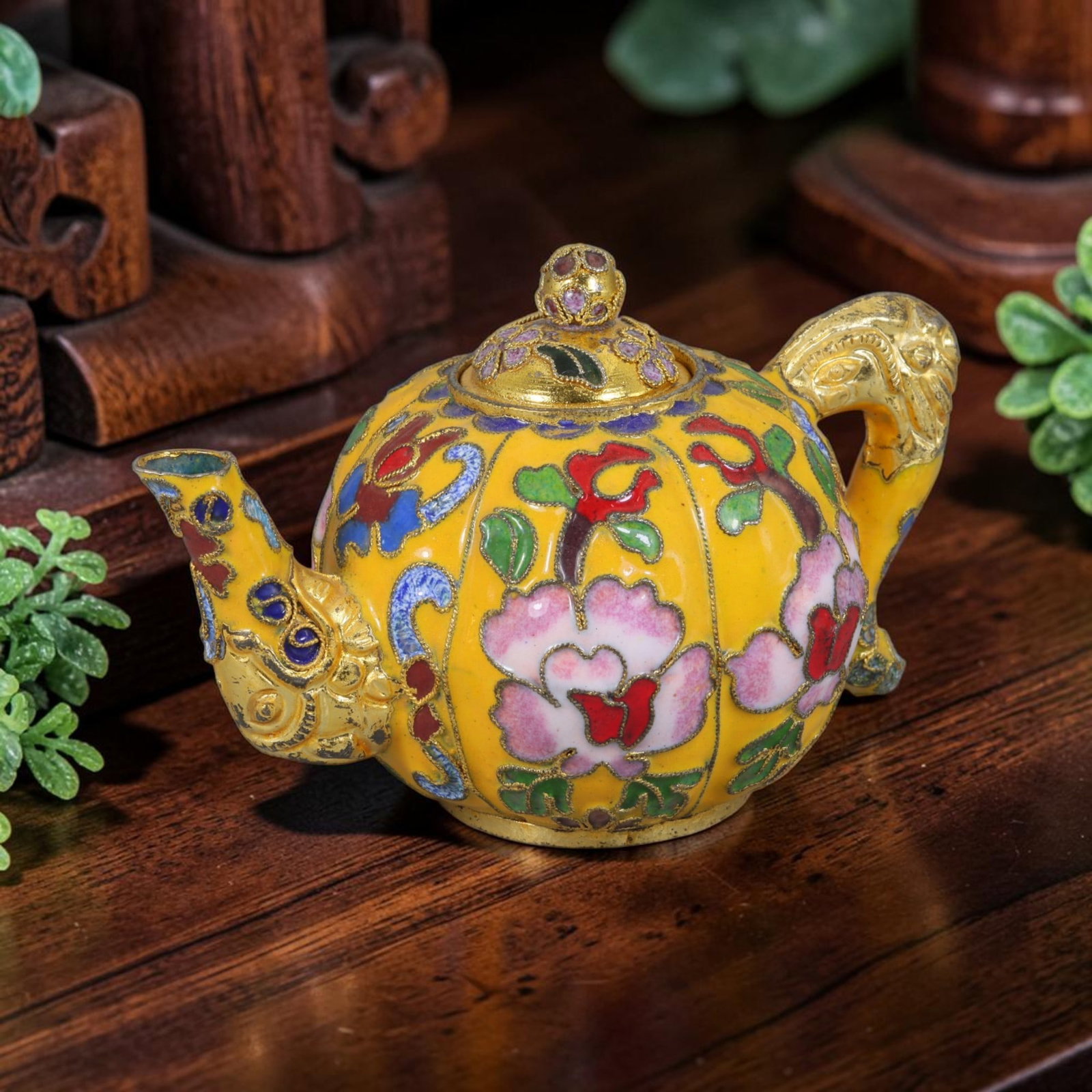 Vintage Chinese Gilded Yellow Melon Ribbed Cloisonne Mini Teapot - Peony Floral Enamel, 53AR (1 of 3)