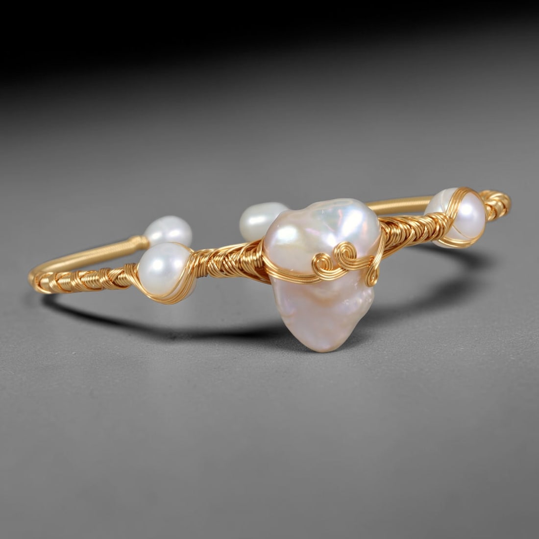 Natural Cultured Freshwater Pearl Gold Plated Wire Wrap Open Cuff Bracelet, 86AC: Handcrafted adjustable open cuff bracelet constructed from polished gold plated metal wire, featuring genuine natural cultured freshwater pearl inlays secured via intricate hand wire-wrapping craft te
