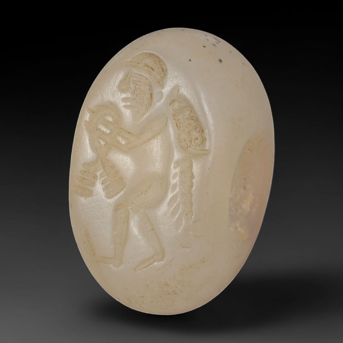 Ancient Sasanian Chalcedony Hemispherical Stamp Seal, 30AP: Authentic antique hemispherical stamp seal carved from natural unmodified chalcedony, dimensions 2.2cm x 1.8cm. This classic Sasanian-era domed stamp seal features the characteristic compact oval hemi