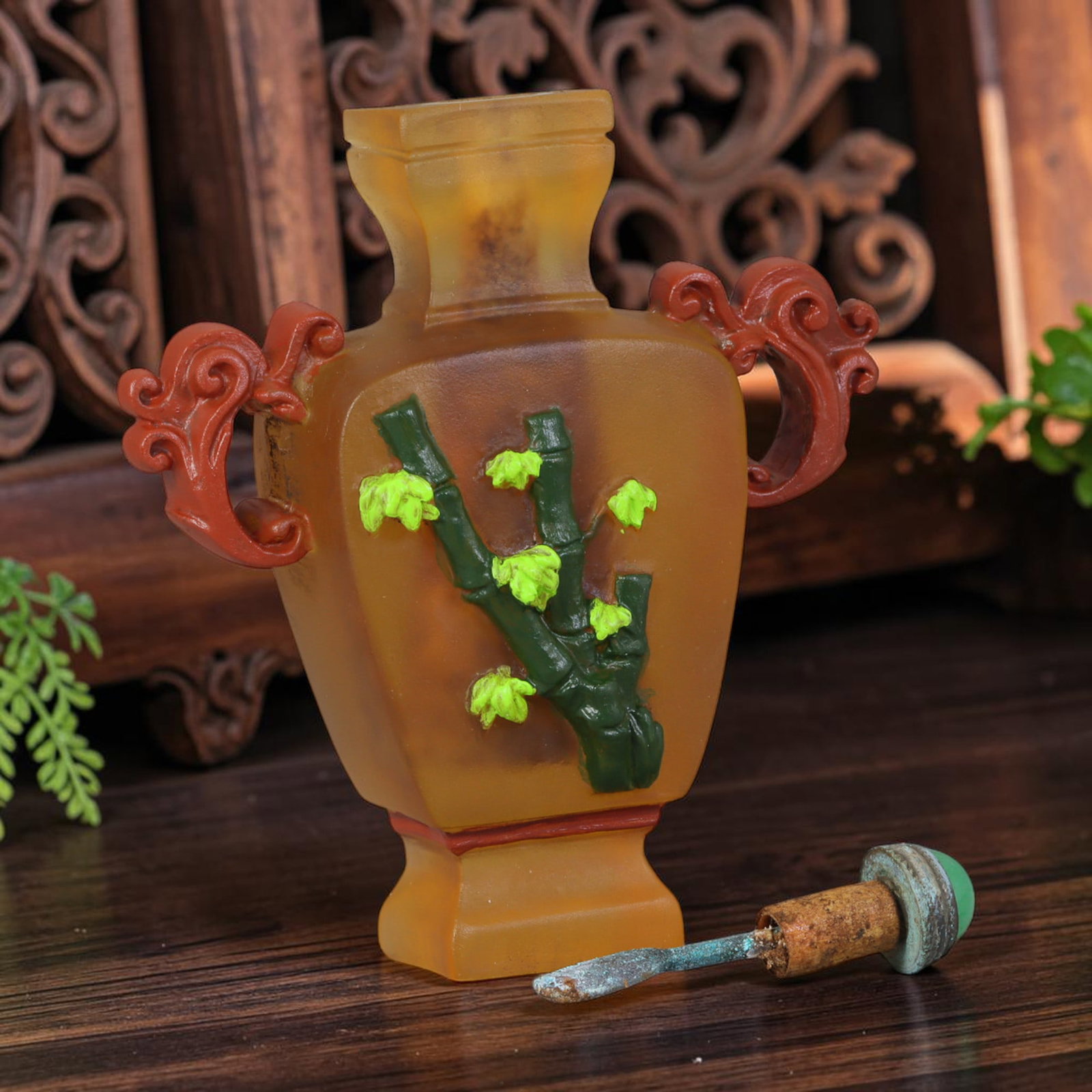 Vintage Chinese Liuli Glass Snuff Bottle - Bamboo Relief Vase, 59AS: This snuff bottle is formed from frosted amber liuli glass, shaped as a square vase fitted with paired scroll handles in red glass overlay. The front features applied relief carving of bamboo stalks w