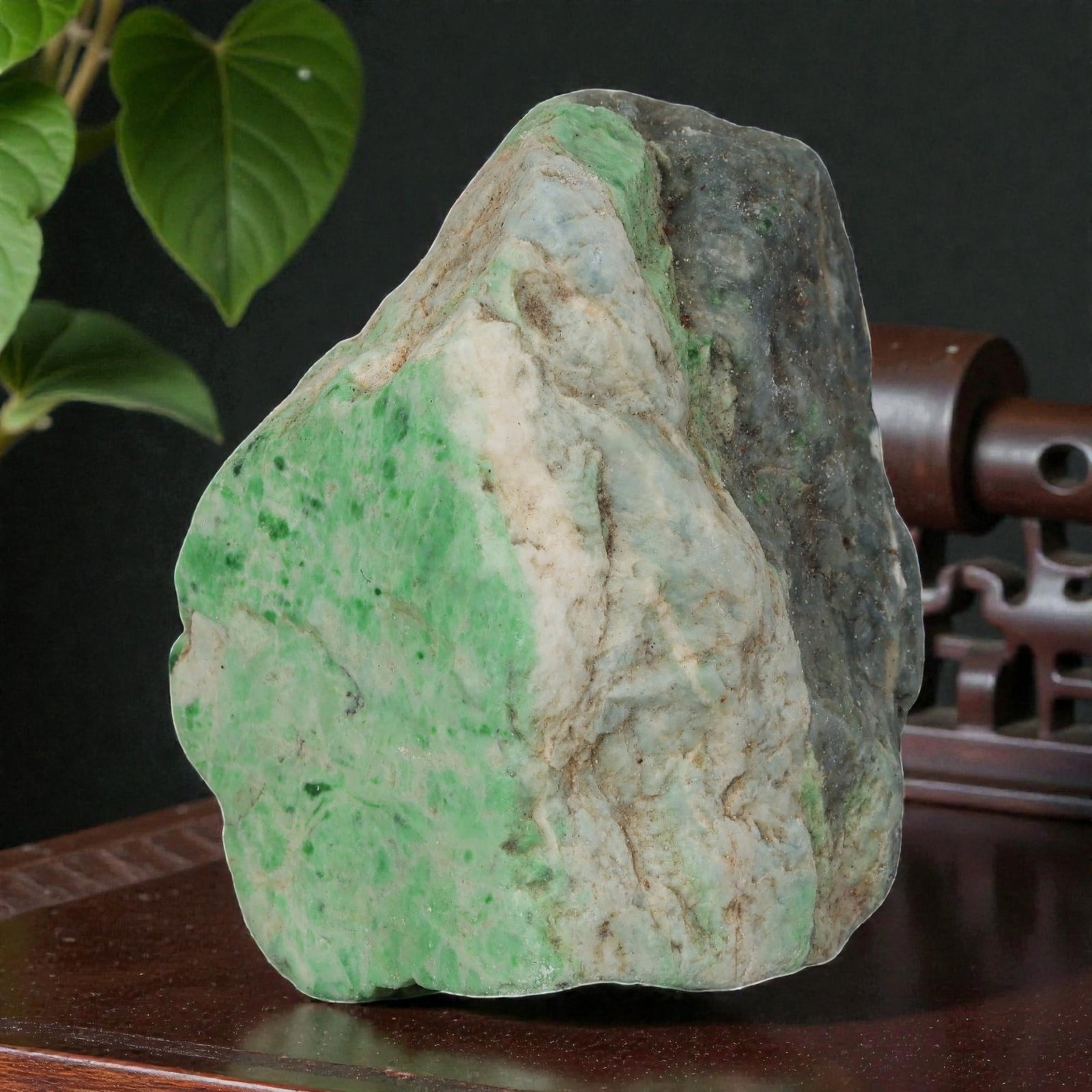 500ct Natural Burmese Moss in Snow Jadeite Rough - Bright Green & Grey Raw Stone, 58EA: This is a natural Type A Burmese jadeite rough stone, measuring 5x4.4cm and weighing 100g (500ct). It features the striking "Moss in Snow" pattern, with vivid bright green moss-like inclusions natural