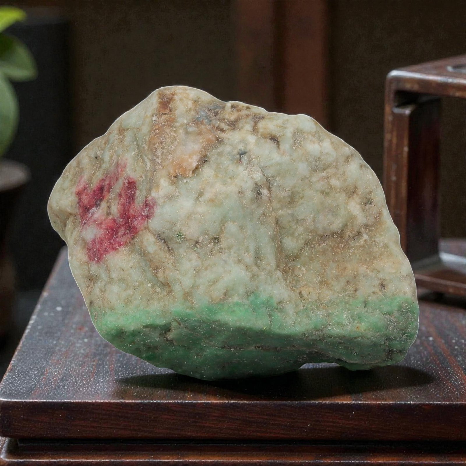 115Ct Natural Type A Burmese Jadeite Jade Rough Stone - Green Raw Material, 47EA: This is a natural, unpolished rough stone of Type A Burmese jadeite jade, weighing 115 carats and measuring 4x3cm. The stone displays a creamy base with striking patches of vibrant green jadeite at th
