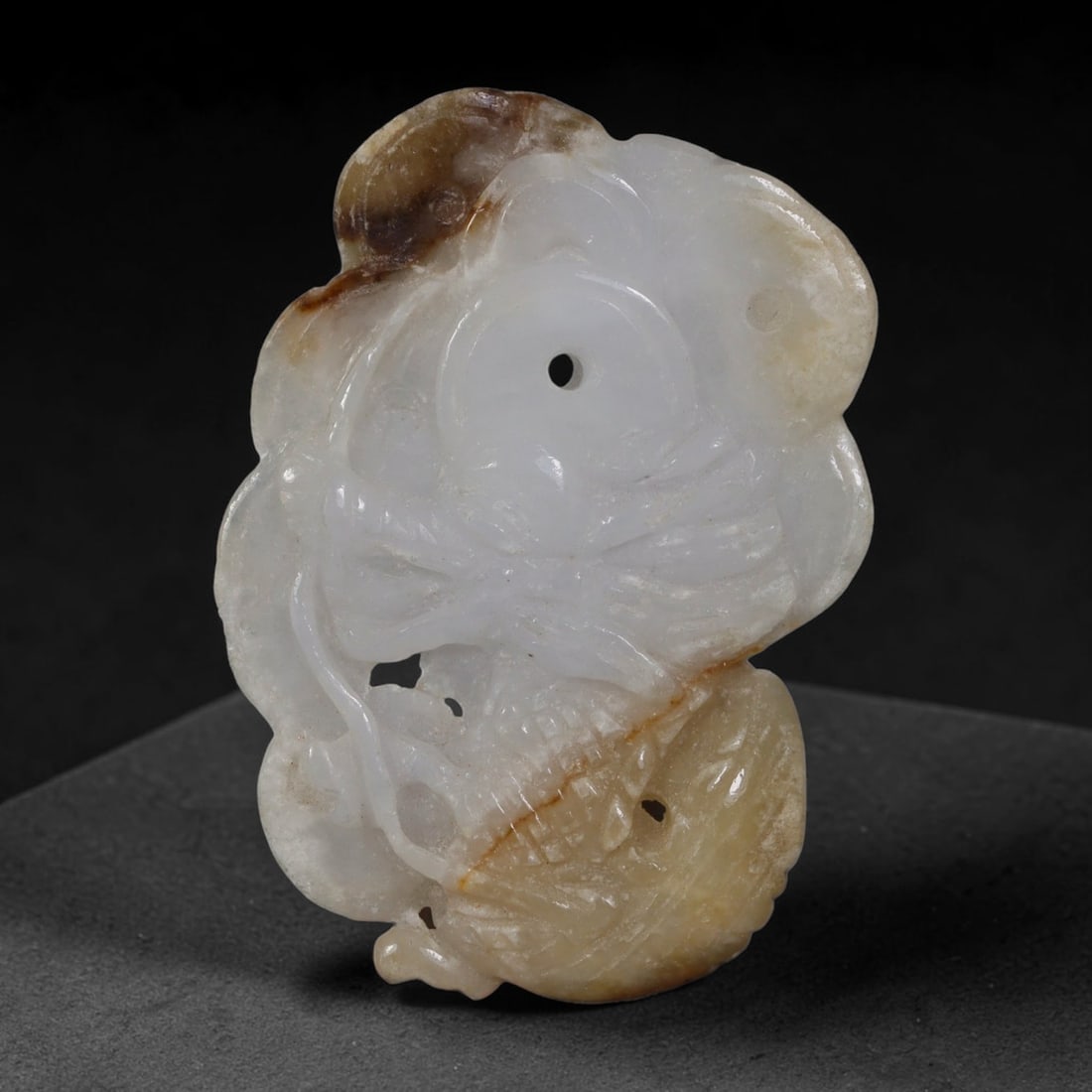 Natural Burmese Type A Honey Russet White Jadeite Jade Carved Dragon Pendant Plaque, 83AP: Expertly hand-carved from natural untreated Burmese Type A jadeite jade, this openwork pendant plaque features a traditional coiled dragon motif with fine scaled texturing and intricate hollow cut det