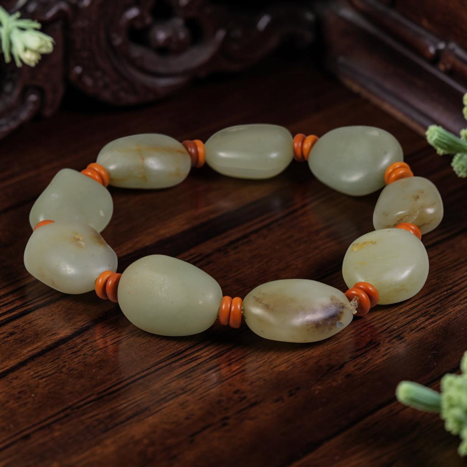 Natural Chinese Nephrite Jade Beaded Bracelet - Freeform Pebble Jade Strand, 14AP: Hand-strung bracelet composed of polished freeform natural Chinese nephrite pebble beads averaging 17mm in dimension, each retaining organic irregular river-worn shaping characteristic of raw nephrite