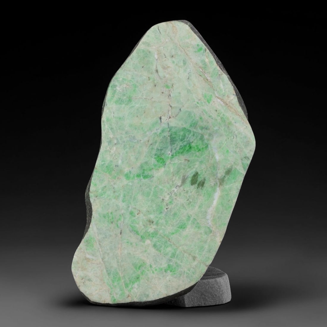 310ct Natural Type A Burmese Jadeite Jade Sliced Rough, 63AZ: This specimen is a sliced rough block of natural Type A Burmese jadeite jade. The interior displays natural colour zoning with visible mineral veining and crystalline patterns typical of unprocessed j