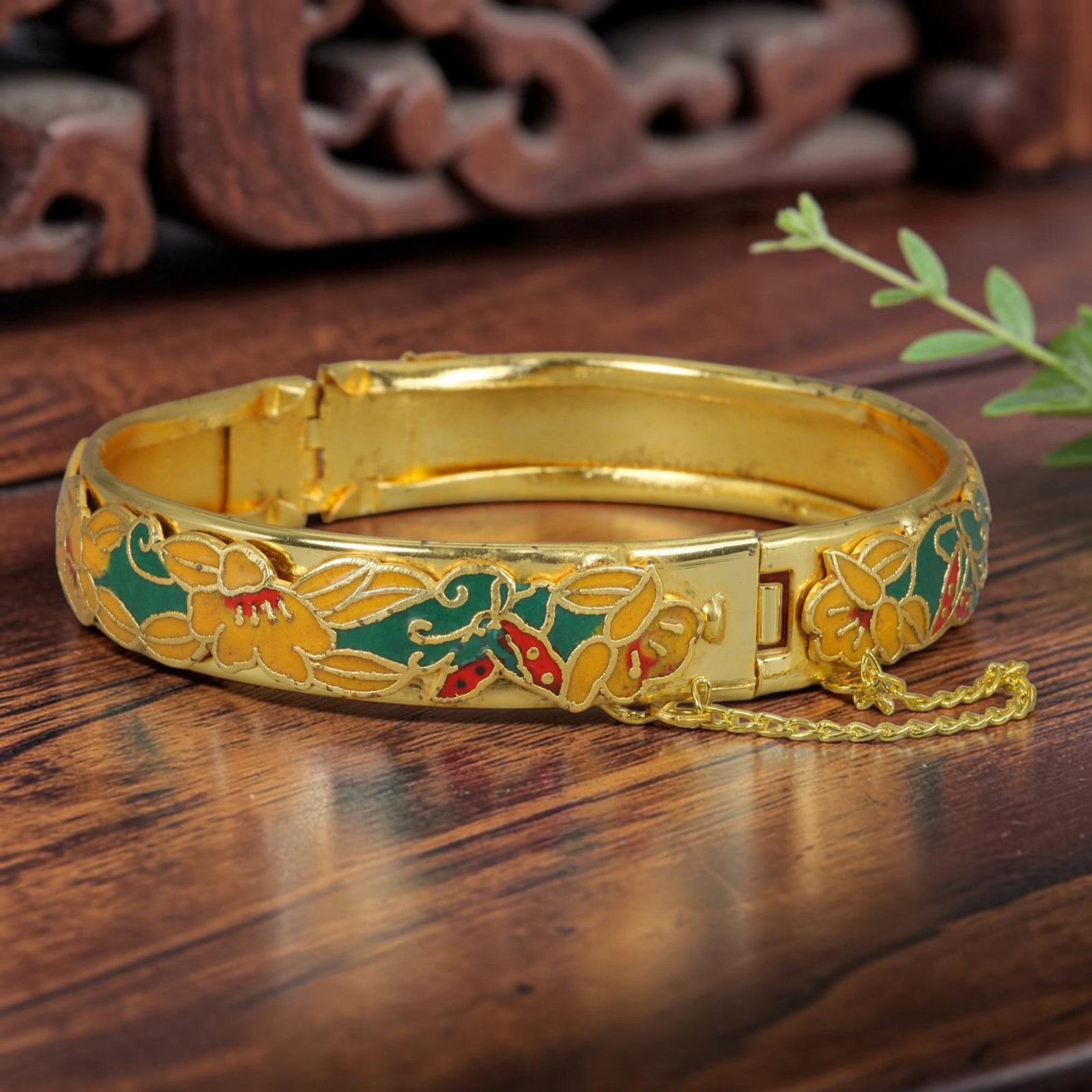 Vintage Chinese Cloisonne Bangle - Gilded Floral Enamel Bracelet, 80FD: Crafted from polished gilded metal with traditional Chinese cloisonne wire filigree technique, this wide hinged bangle features openwork embossed floral motifs filled with deep green, golden yellow an