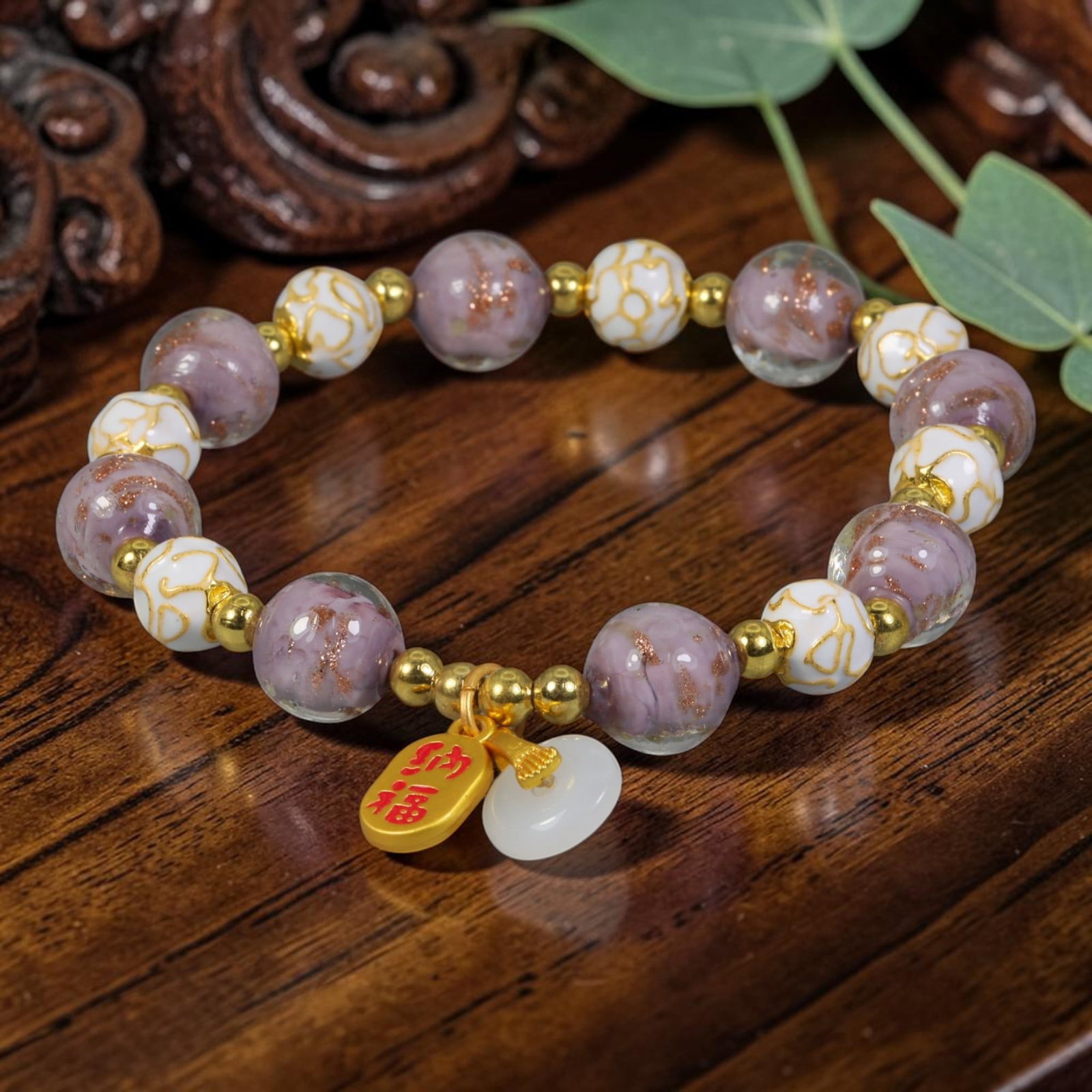A Chinese Glass Cloisonne Beaded Bracelet - Purple Gold Sand Glass Charm Strand, 9AP: Hand-strung bracelet made with 10mm round Chinese glass beads and small cloisonne accent beads, alternating translucent lavender glass beads infused with fine gold aventurine dust and white cloisonne 