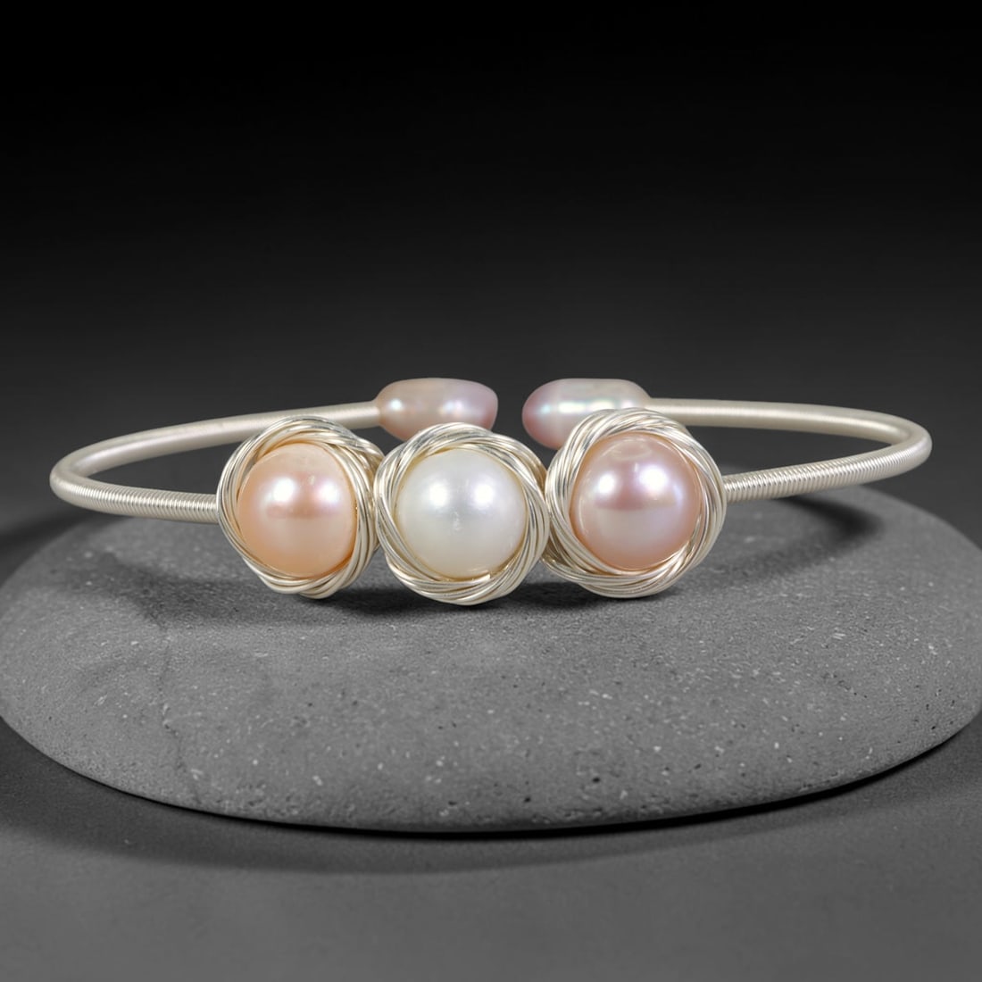 Natural Cultured Freshwater Pearl White Gold Plated Wire Wrap Open Cuff Bracelet, 82AC: Artisan handcrafted adjustable open cuff bracelet fashioned from smooth white gold plated metal wire, set with genuine natural cultured freshwater pearls held by elaborate hand-woven wirework detailin