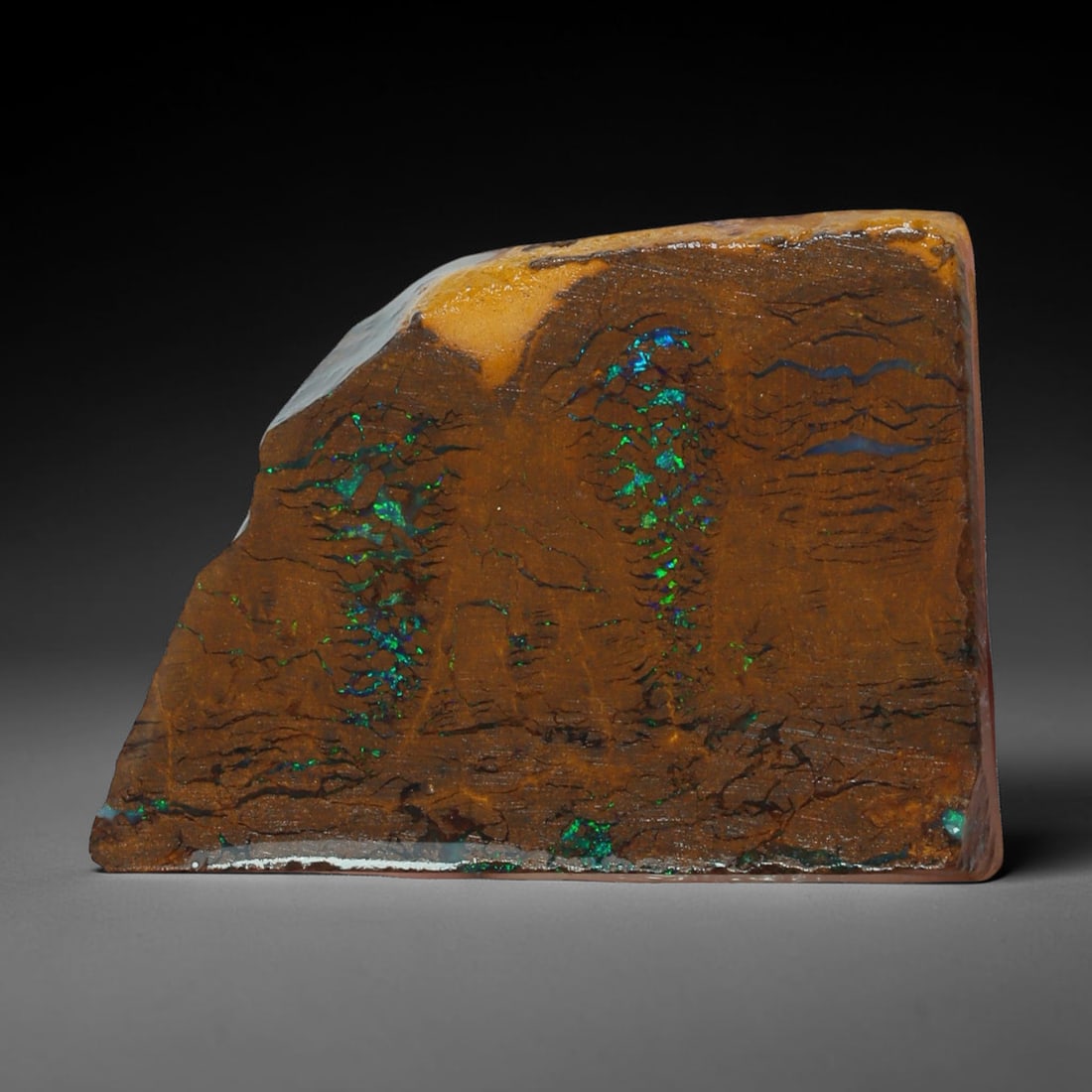 35.52ct Natural Australian Queensland Boulder Opal Sliced Slab Cutting Rough, 3AY: Natural sliced slab rough of Queensland boulder opal cutting grade, featuring rich color ironstone matrix with patterns. The face clearly reveals extensive opal veining and pocket formations running t