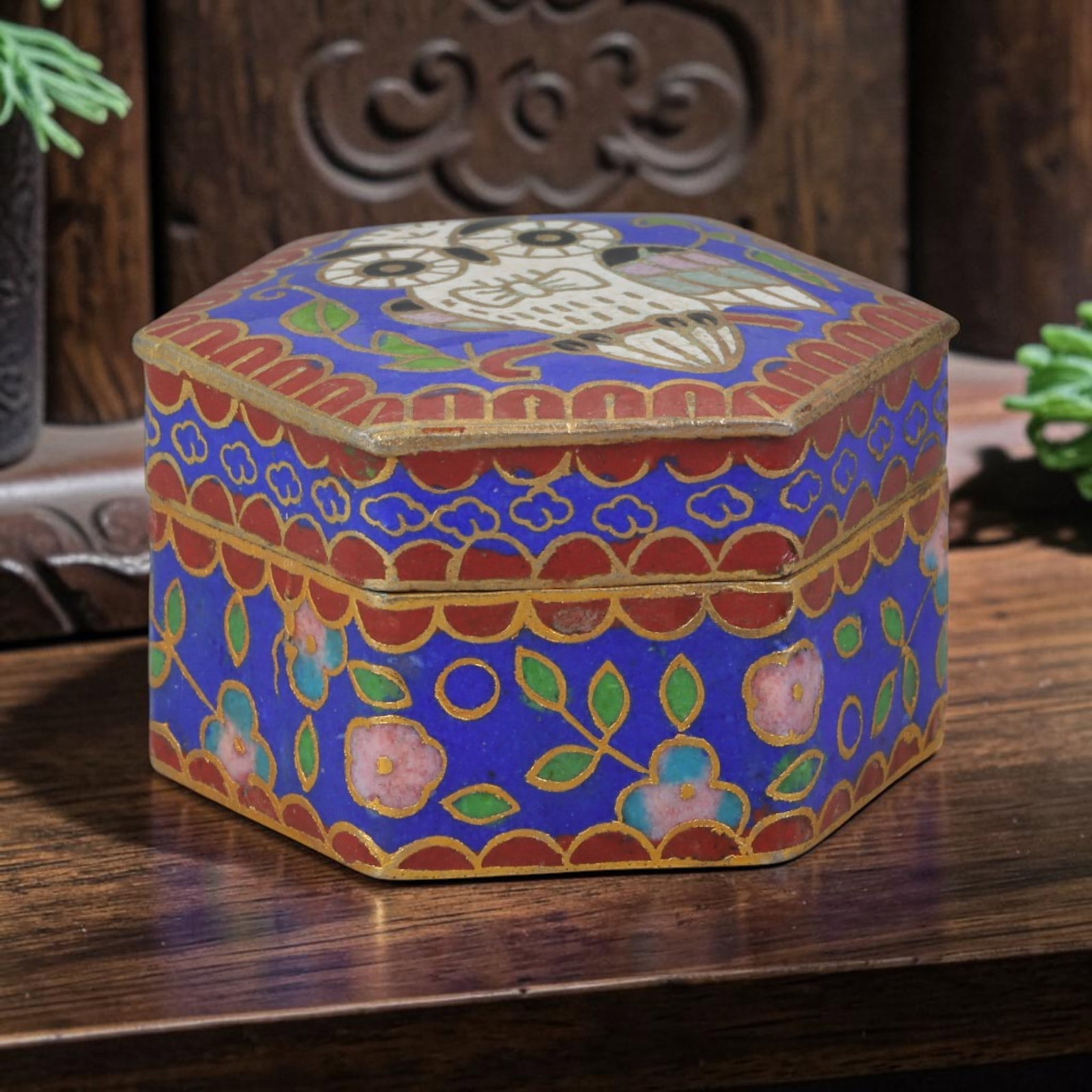 Vintage Chinese Copper Cloisonne Trinket Box - Owl Floral Blue Enamel Casket, 29AR: Crafted from copper base metal with gilded cloisonne wire filigree and hand-fired polychrome enamel glazes. This hexagonal hinged miniature casket features a rich cobalt blue enamel ground across lid 