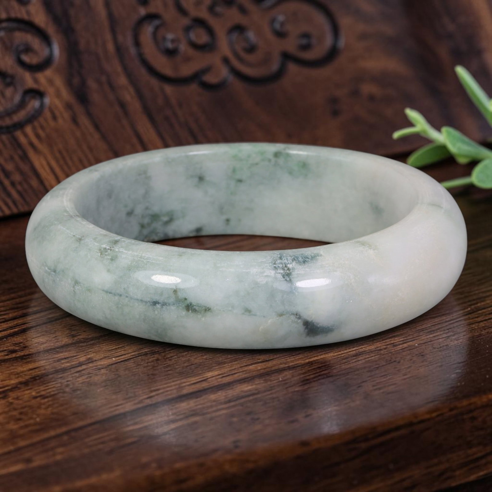 Natural Burmese Type A Soft Floating Green Jadeite Jade Bangle, 100FD: Crafted from natural untreated Burmese Type A jadeite jade, this compact petite bangle boasts an ultra-wide thick band with soft, wispy muted green cloud inclusions drifting across a milky pale white 