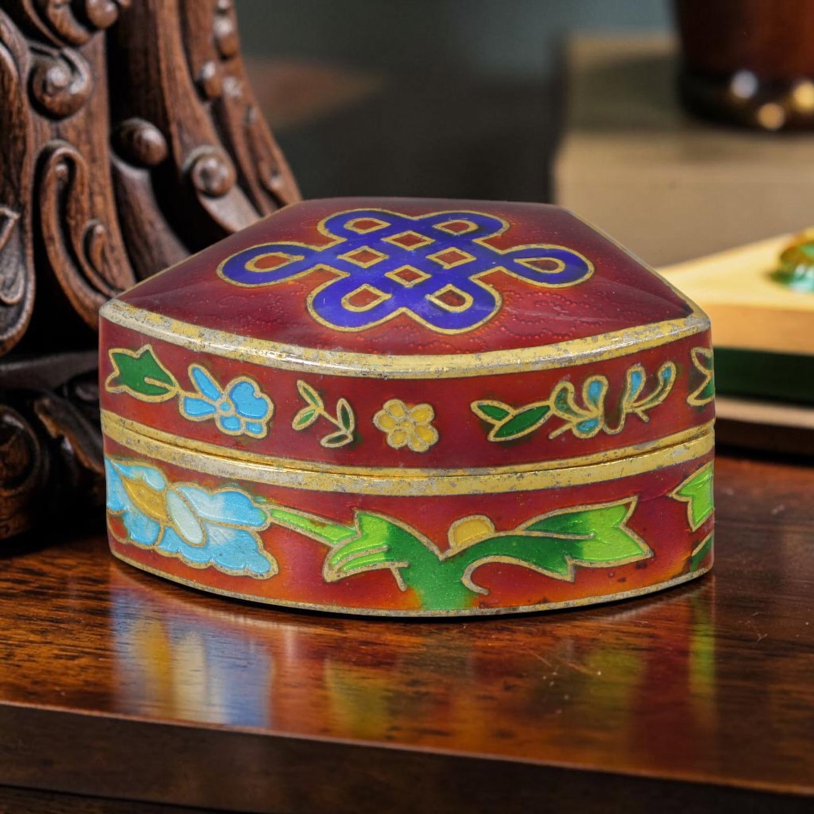 Vintage Chinese Copper Cloisonne Trinket Box - Endless Knot Enamel Casket, 24AR: Constructed from copper base metal with gilded cloisonne wire filigree and hand-fired polychrome enamel glazes. This fan-shaped hinged miniature casket features a deep crimson textured enamel ground o