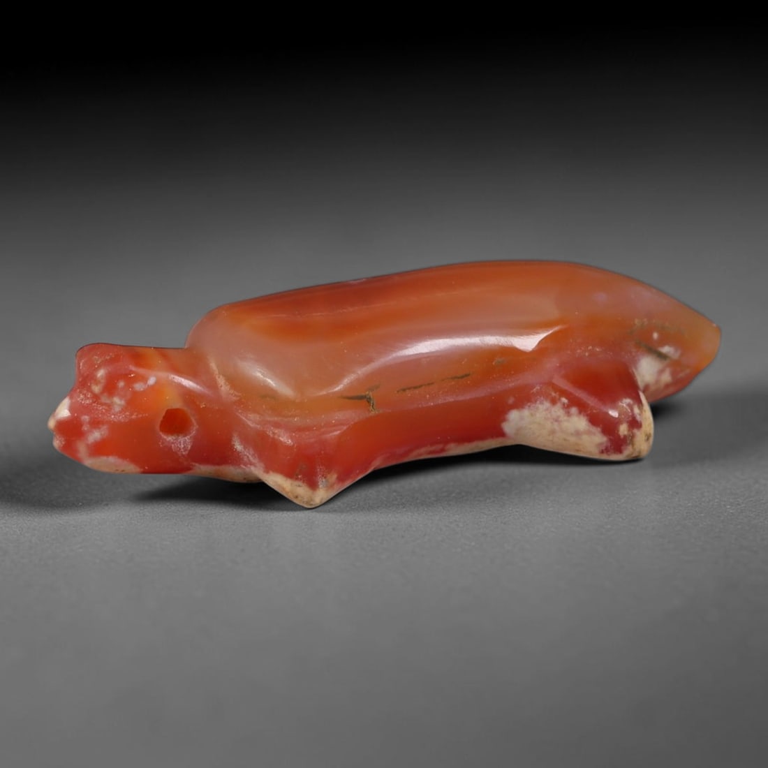 Ancient Western Asiatic Natural Carnelian Agate Turtle Zoomorphic Amulet (1000-600 BCE), 51AB: Hand-carved translucent natural carnelian agate talisman rendered as a stylized recumbent turtle, a timeless symbol of longevity, protection and stability across ancient Western Asiatic devotional cul