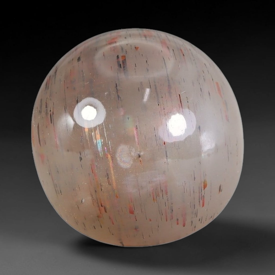 28.35 Carats Natural Australian Lattice Sunstone Cabochon Loose Gemstone, 89AB: This rich lattice sunstone boasts striking vertical mineral lattice inclusions, measured at 18.7x17.8x12.8mm, its earthy blended brown and peach base paired with vibrant multi-colored light reflection