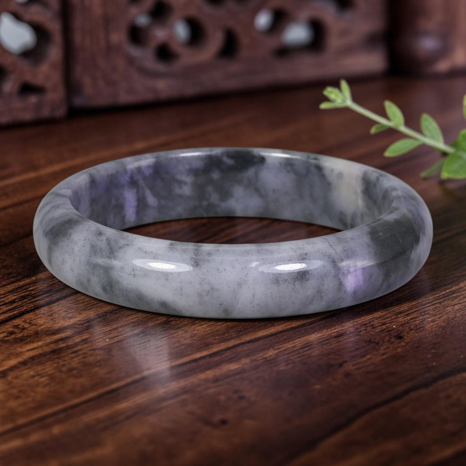 Natural Burmese Type A Lavender Gray Ink Wash Jadeite Jade Bangle, 90FD: Crafted from natural untreated Burmese Type A jadeite jade, this medium-width bangle features flowing smoky gray ink cloud mottling intertwined with soft pale lavender purple undertones over a milky t