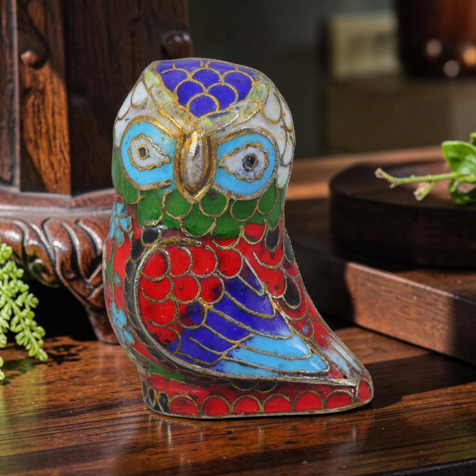 Vintage Chinese Copper Cloisonne Owl Figurine - Multicolor Enamel Effigy, 30AR (1 of 3)